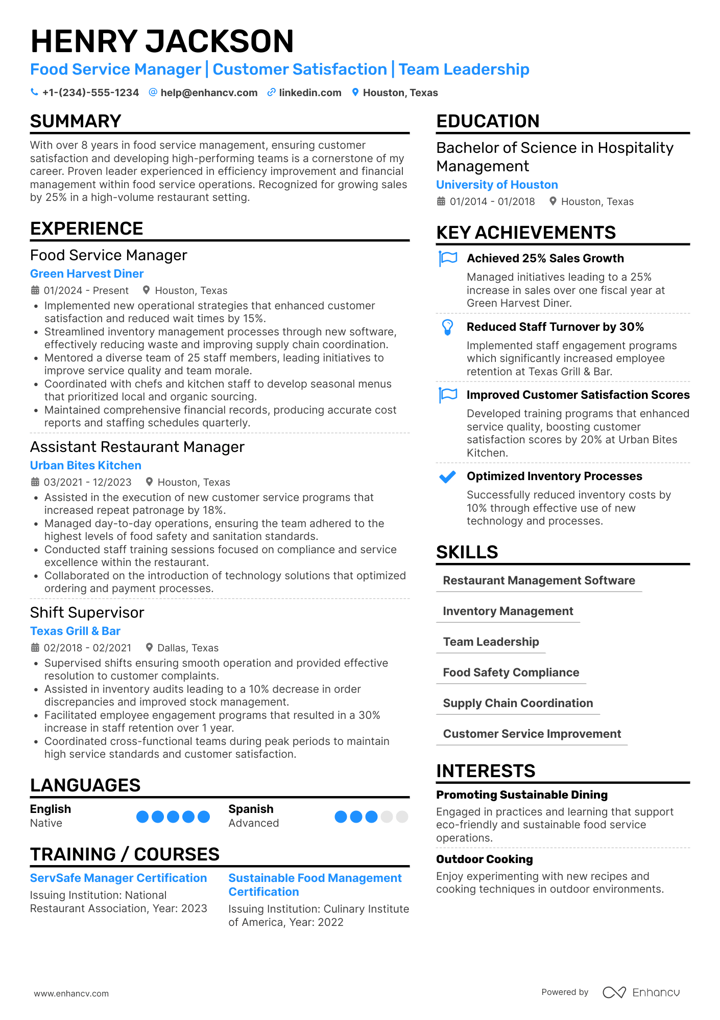 Food Service Manager resume example
