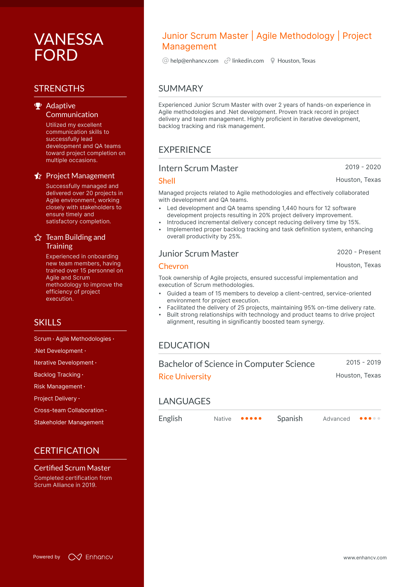 junior scrum master resume example