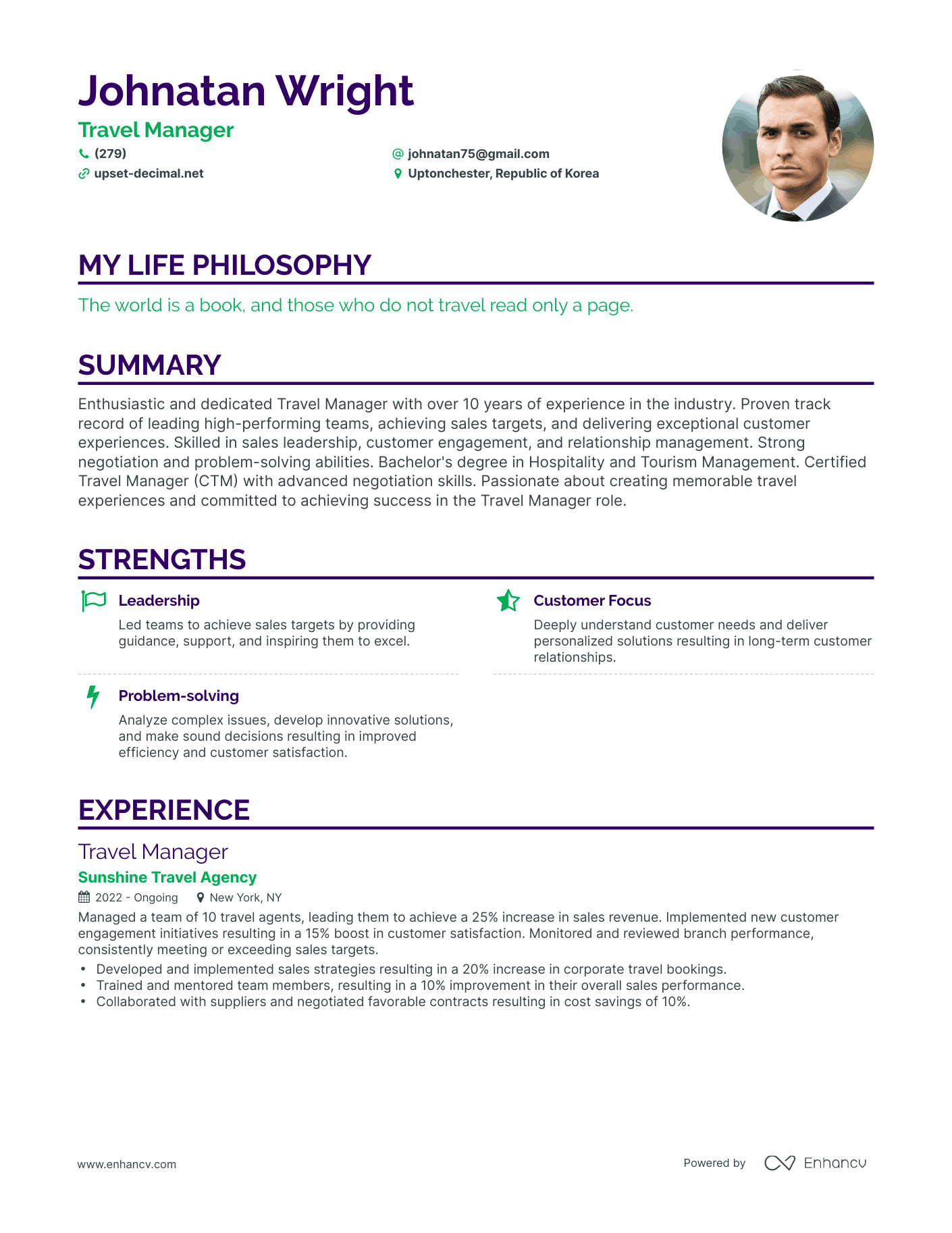 Creative Travel Manager Resume Example