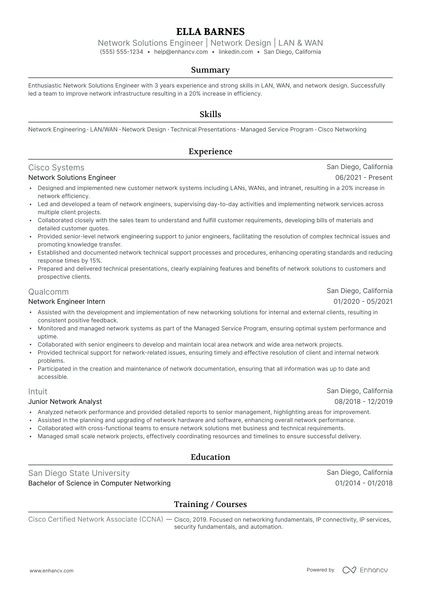 Network Solutions Engineer resume example