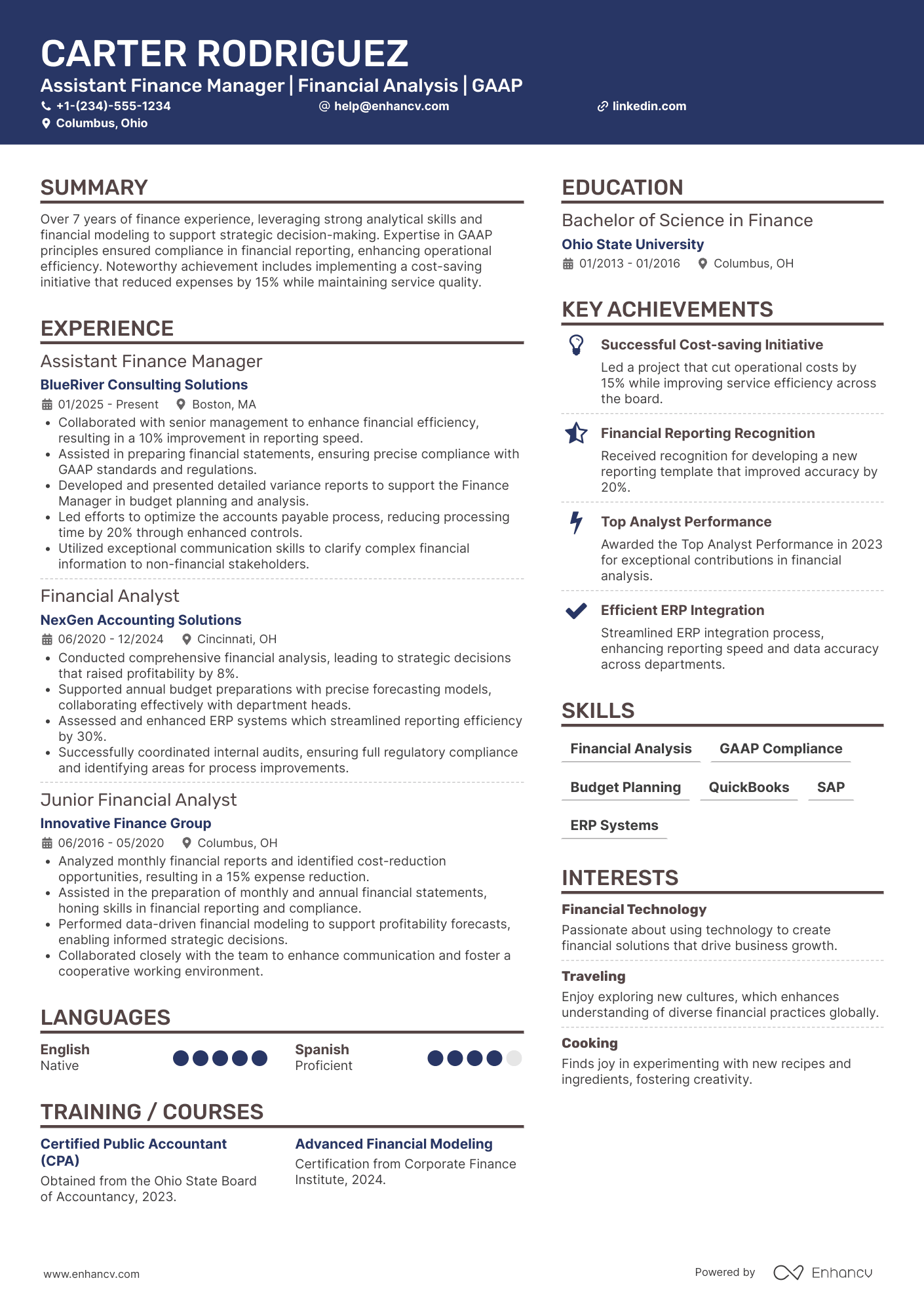 Assistant Finance Manager resume example