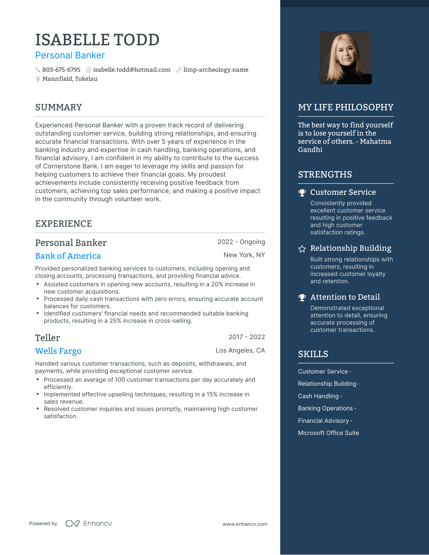Personal Banker resume example