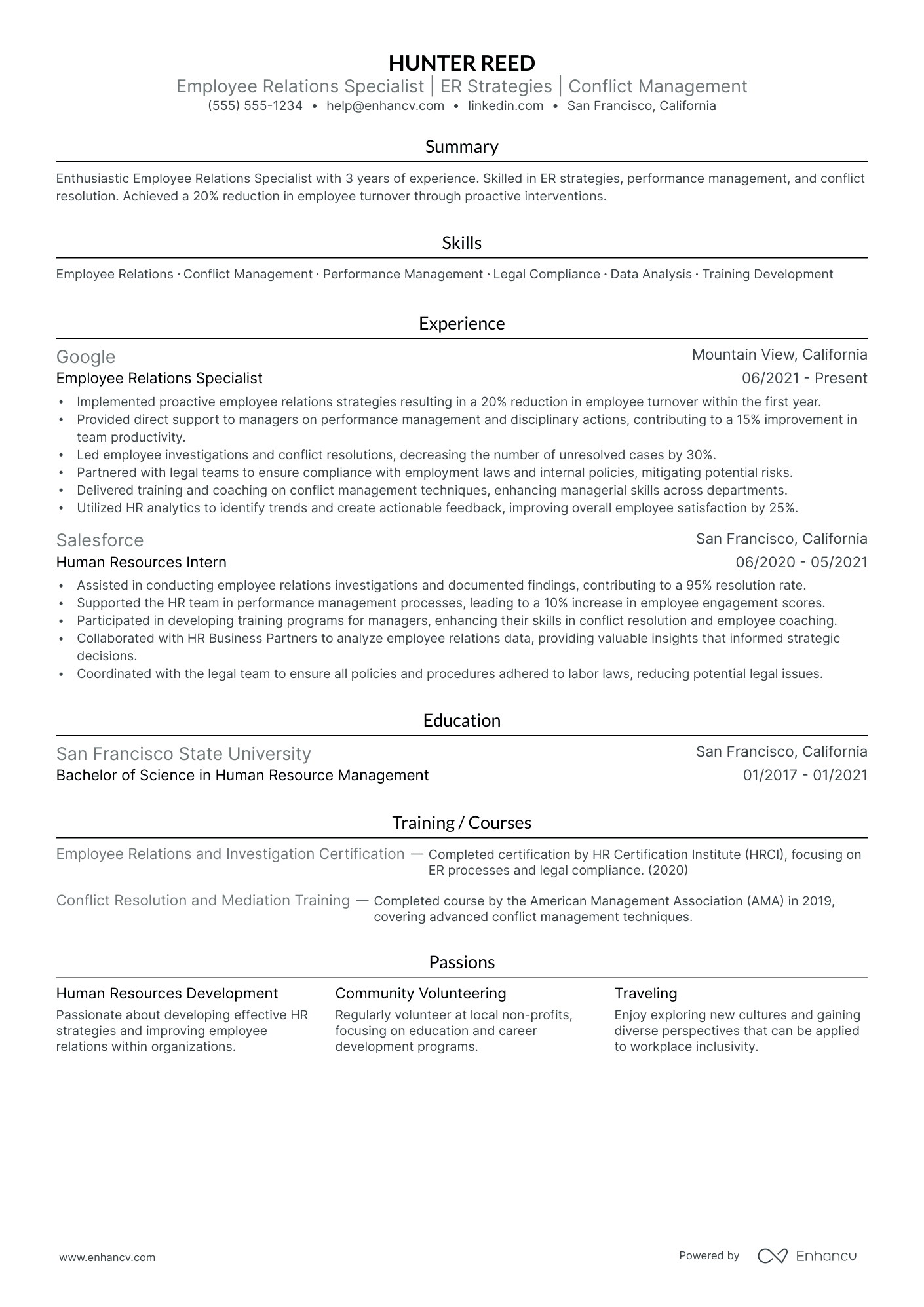 Employee Relations resume example