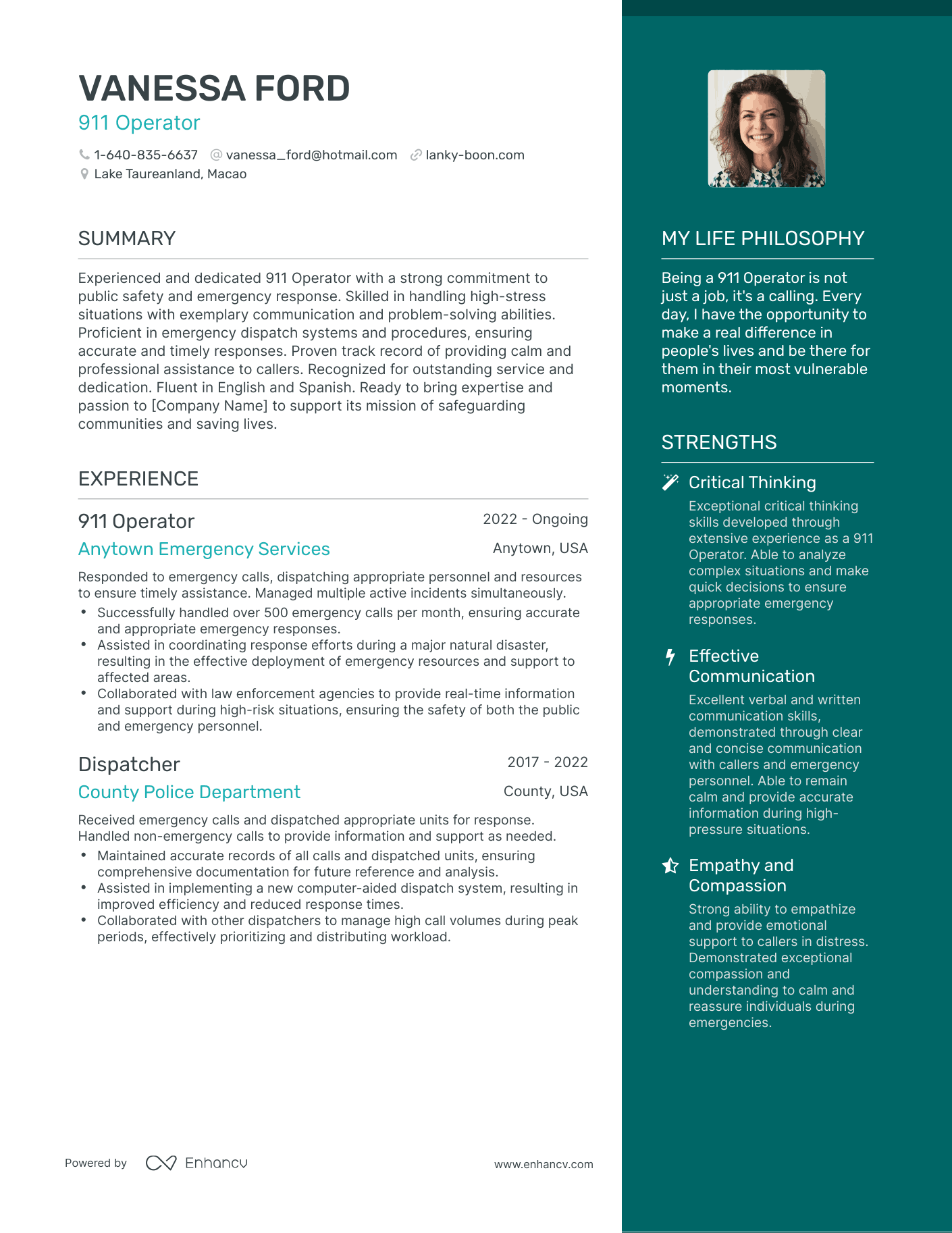 911 Operator resume example