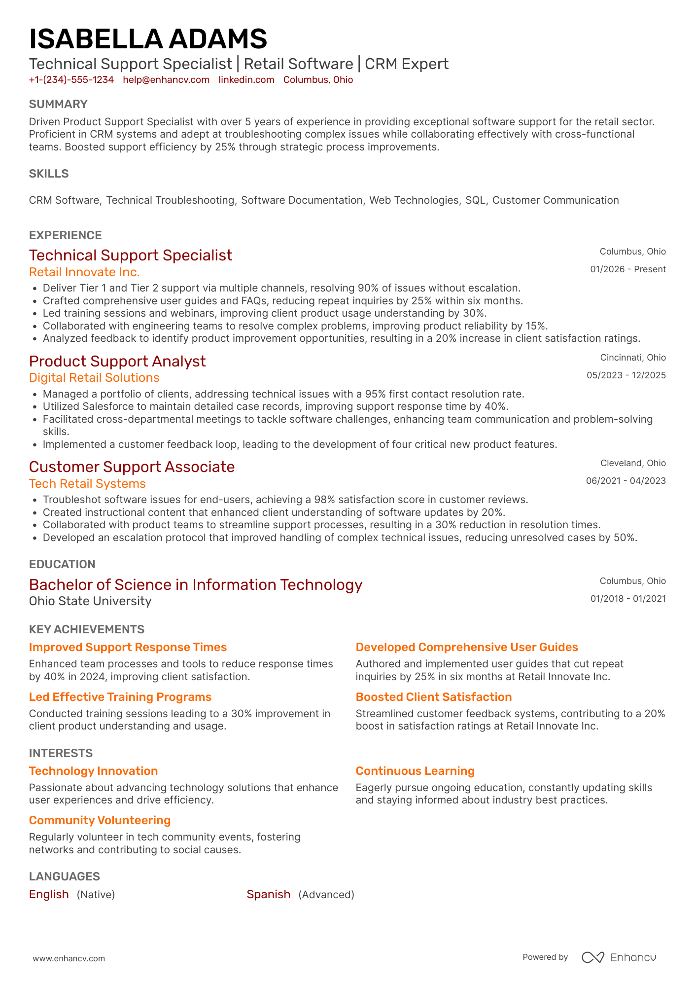 Product Support Specialist resume example