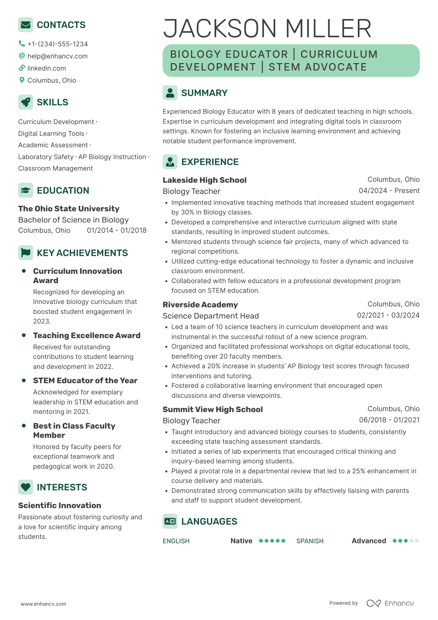 Biology Teacher resume example