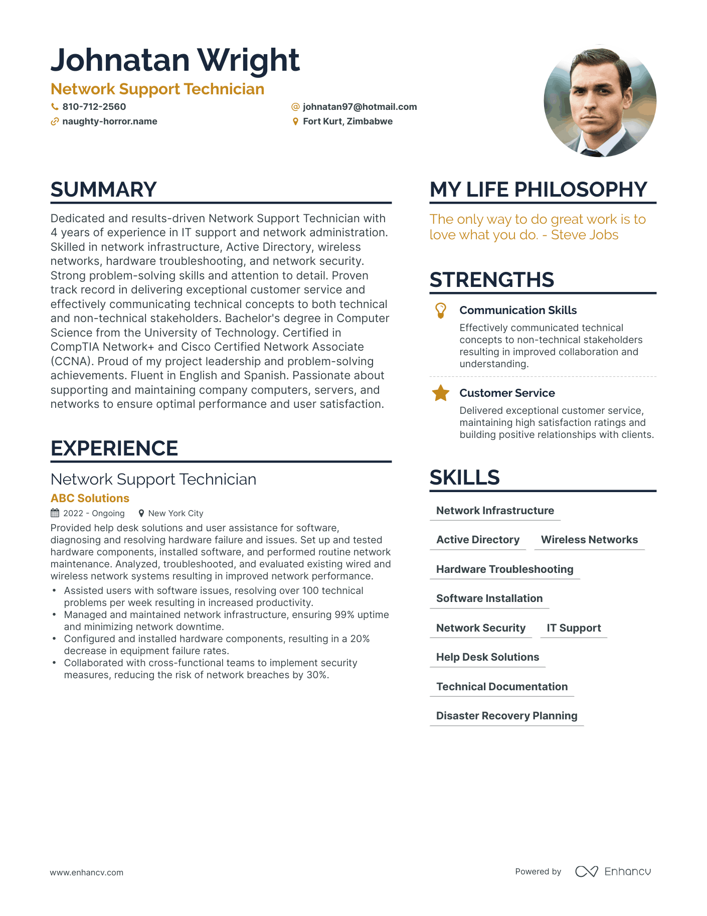 Network Support Technician resume example