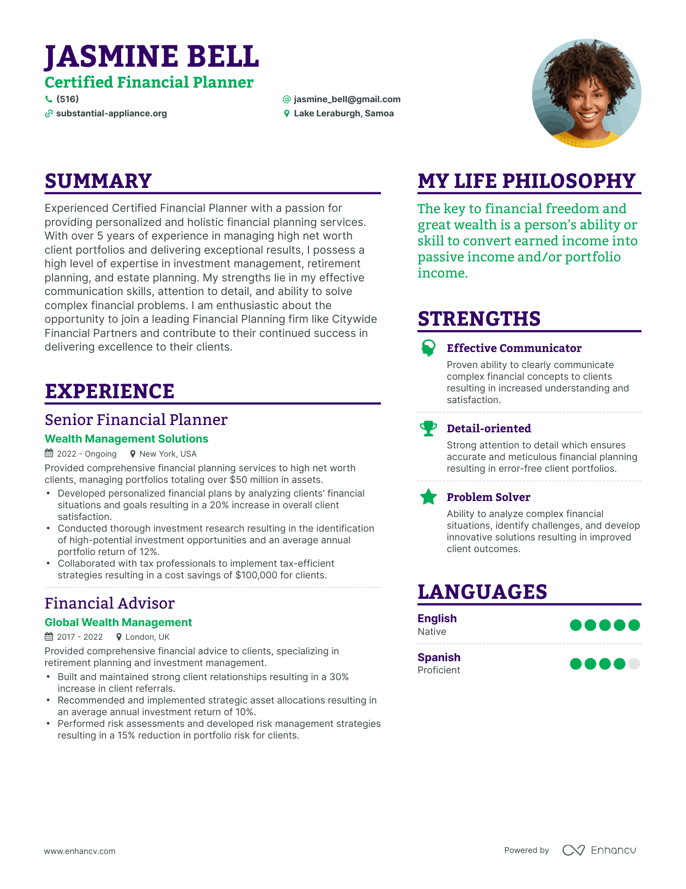 Certified Financial Planner resume example