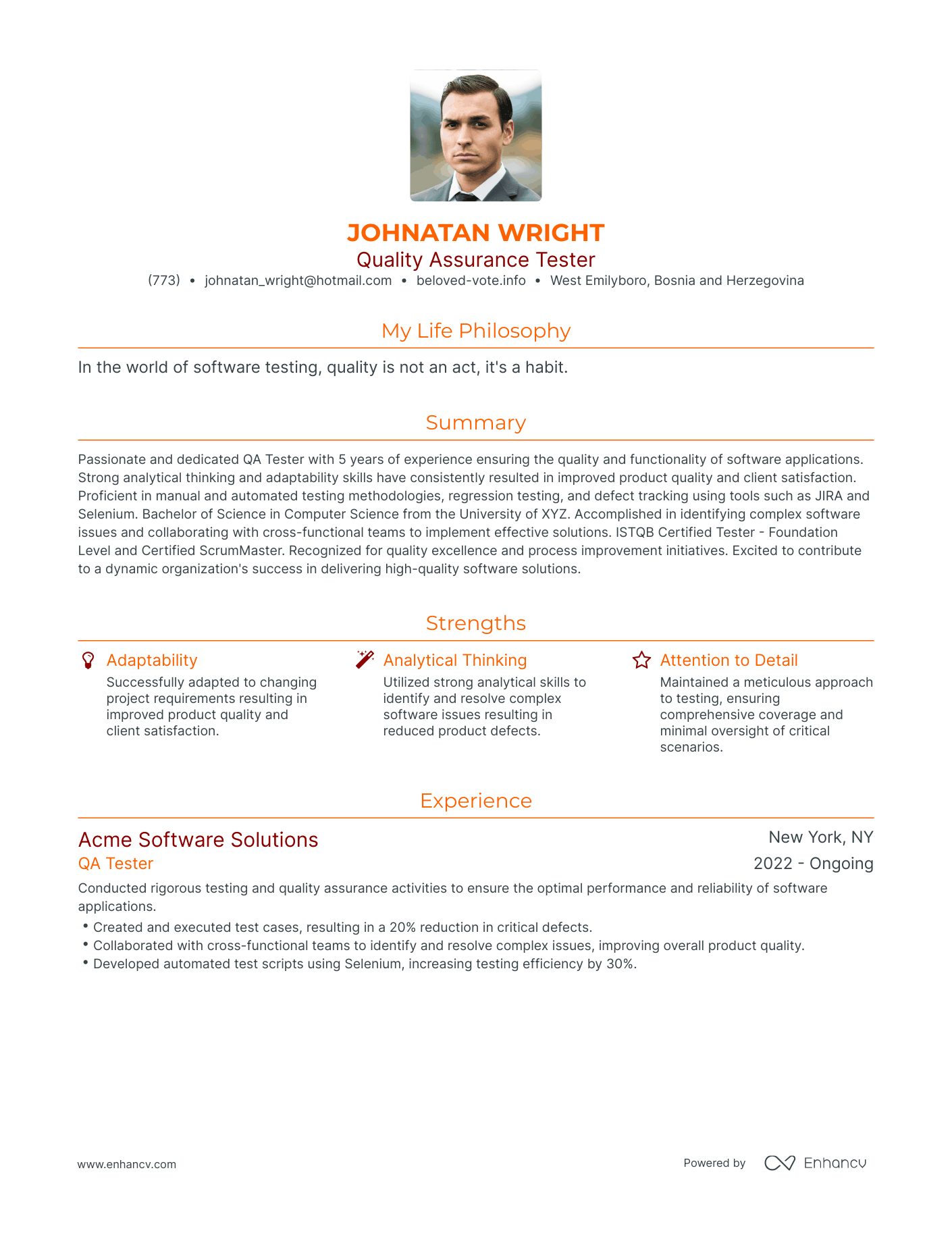 Modern Quality Assurance Tester Resume Example