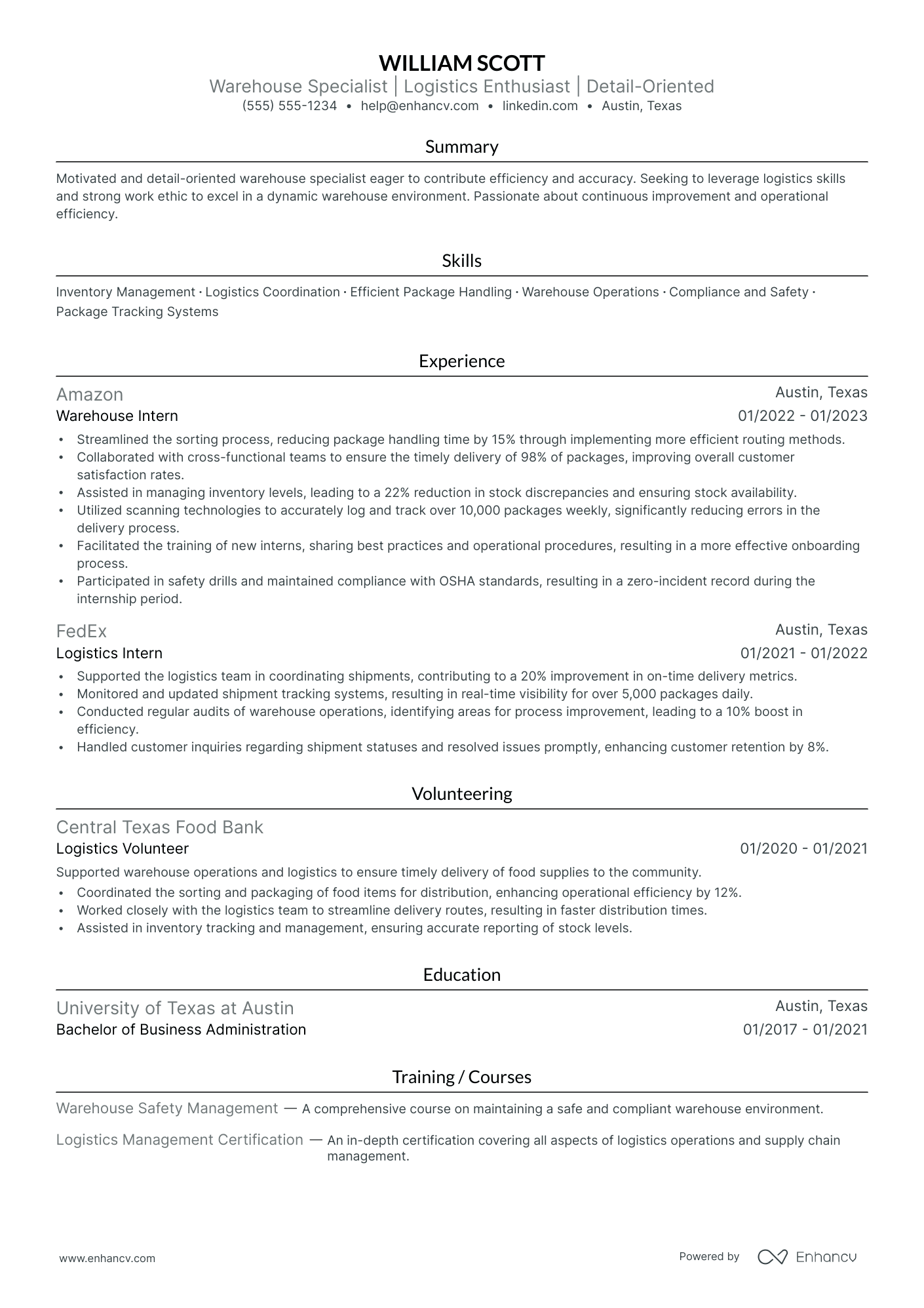 Entry-Level UPS Package Handler resume example