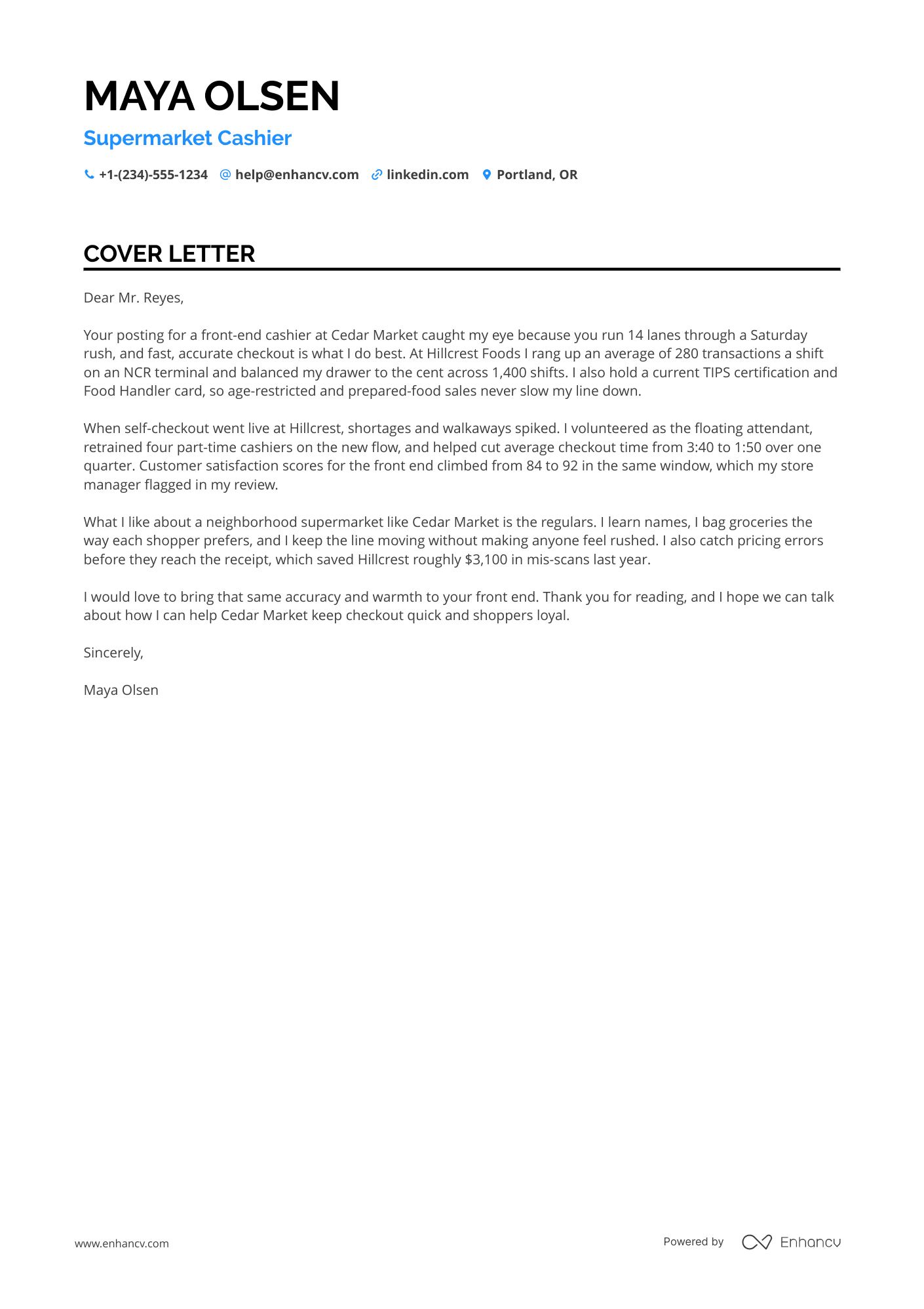 Cashier cover letter