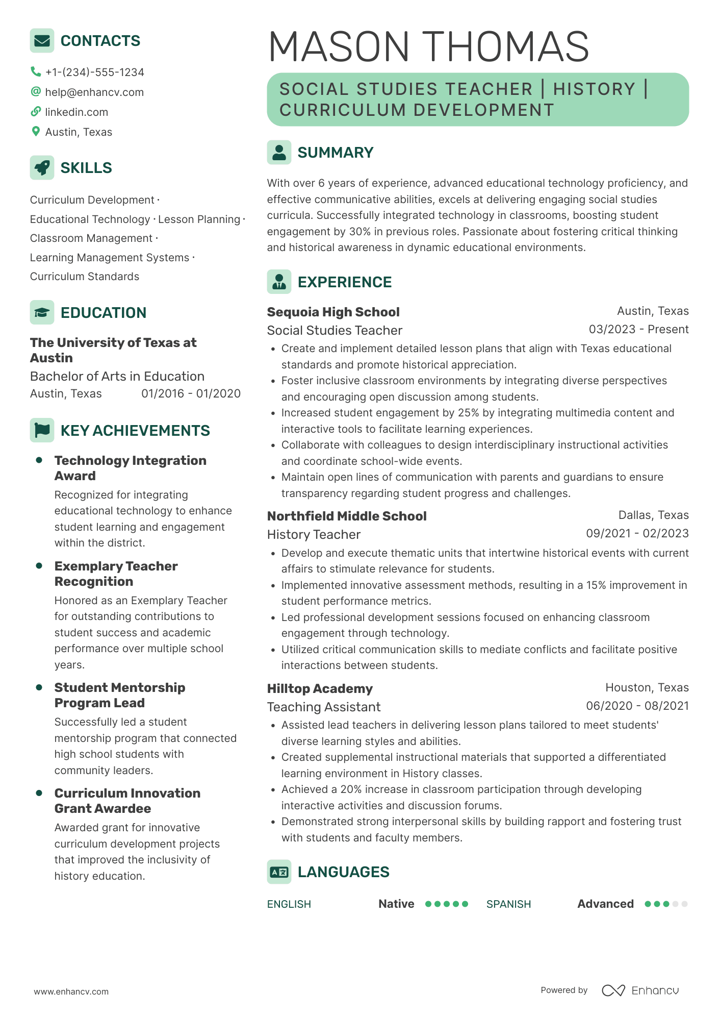 Social Studies Teacher resume example