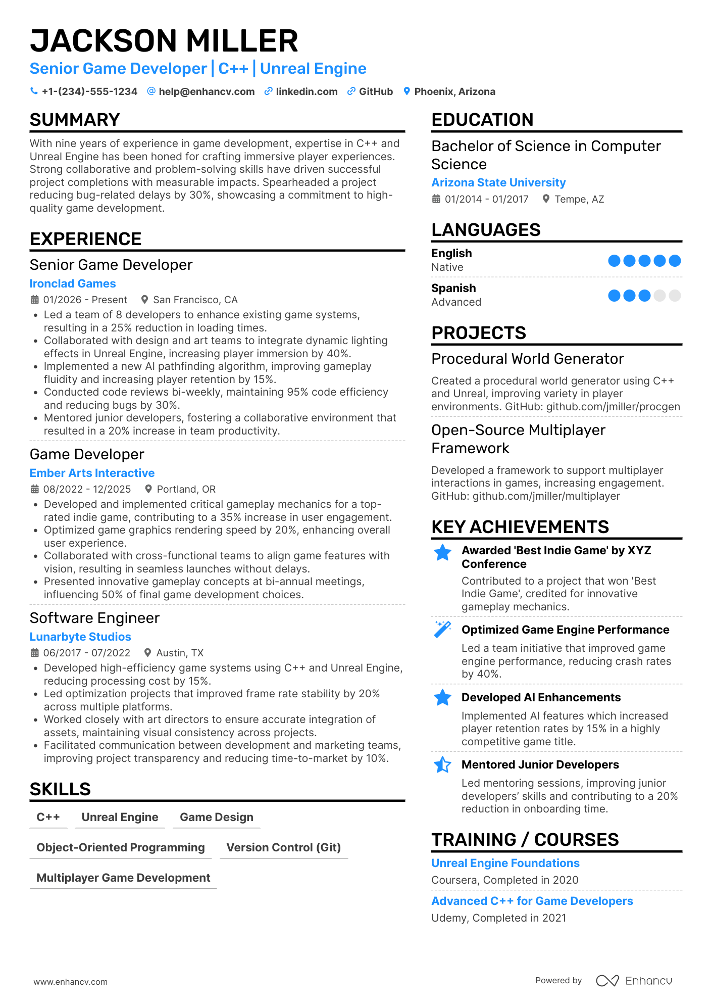Game Developer resume example