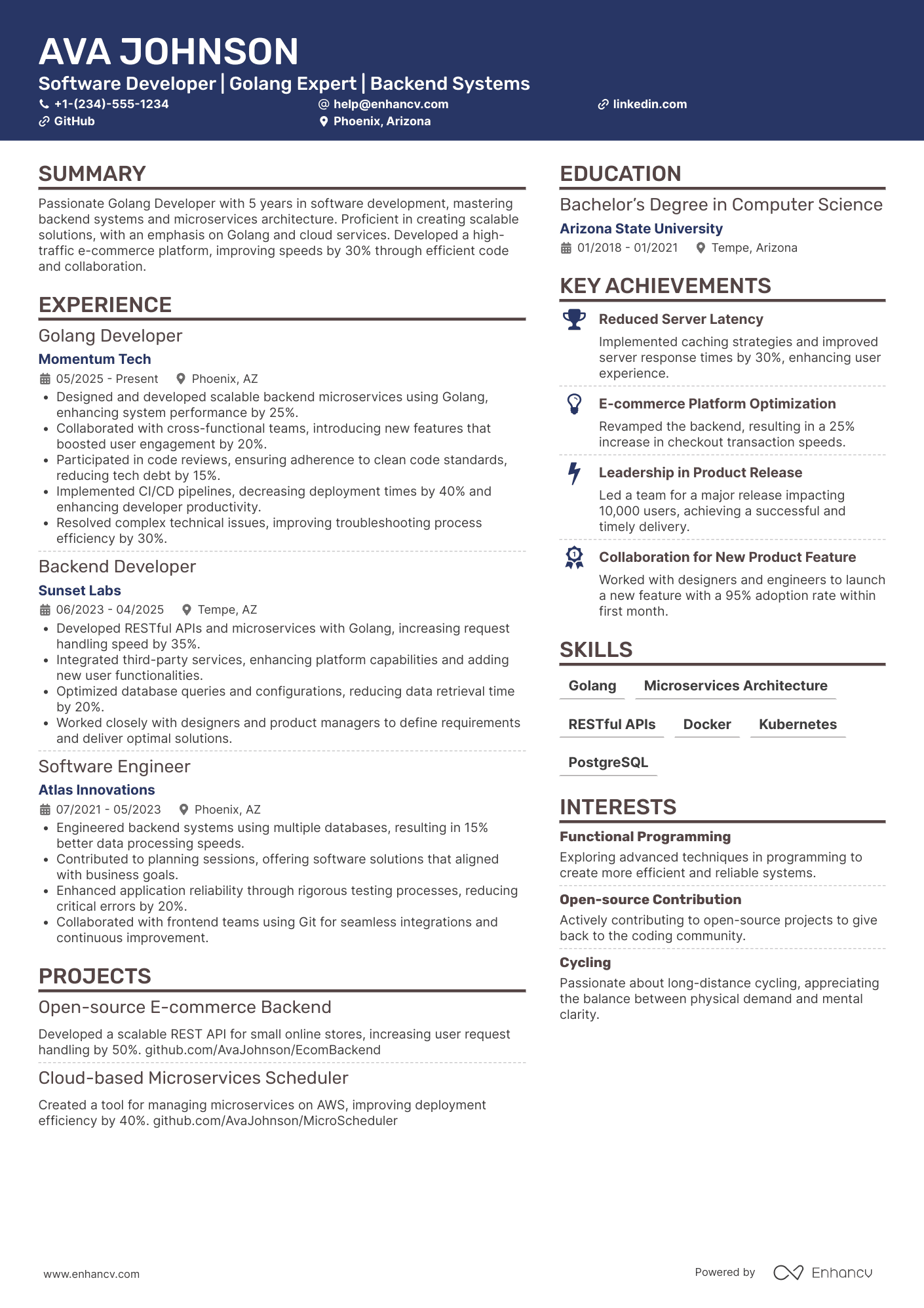 Golang Developer resume example