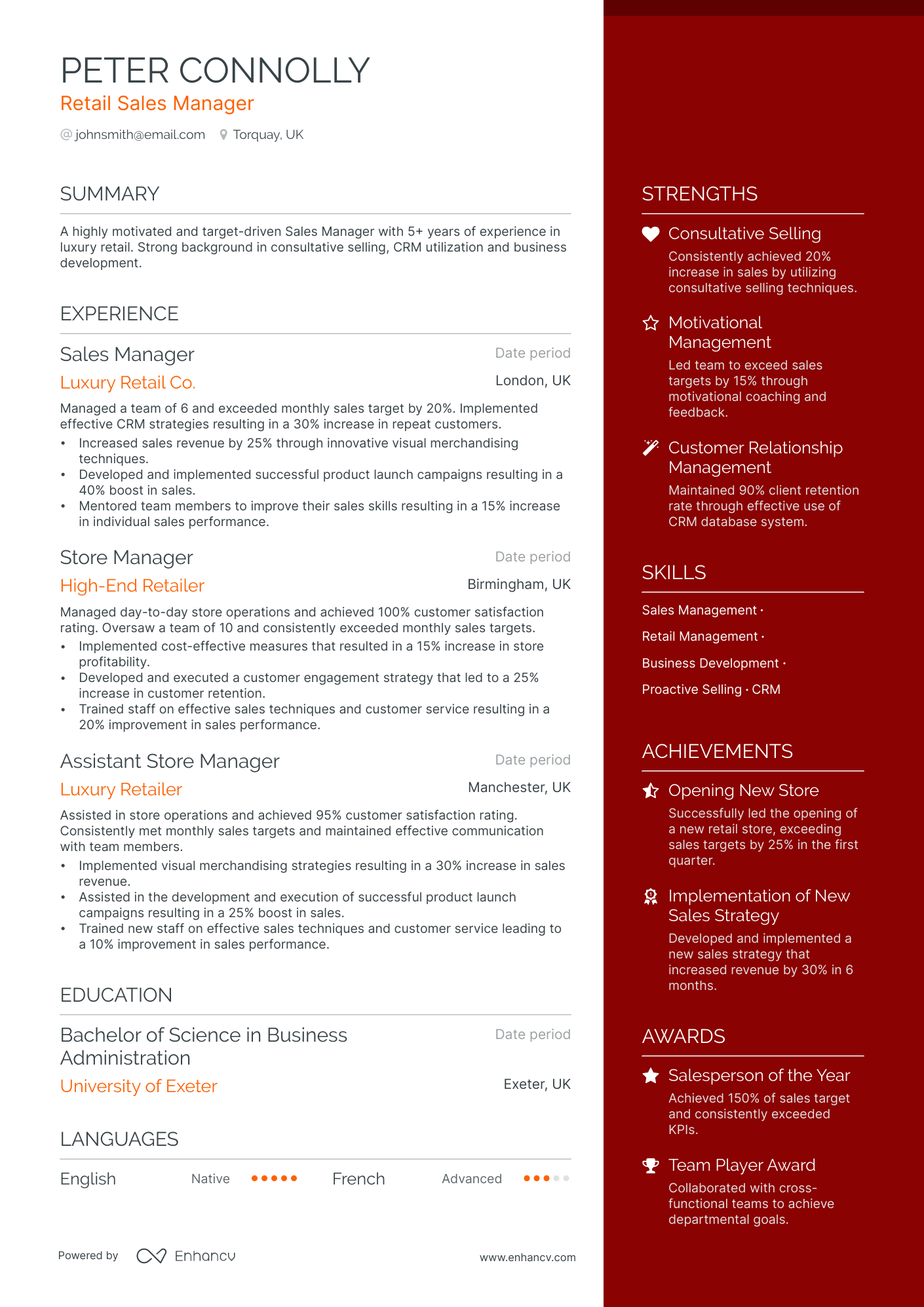 retail sales manager resume example