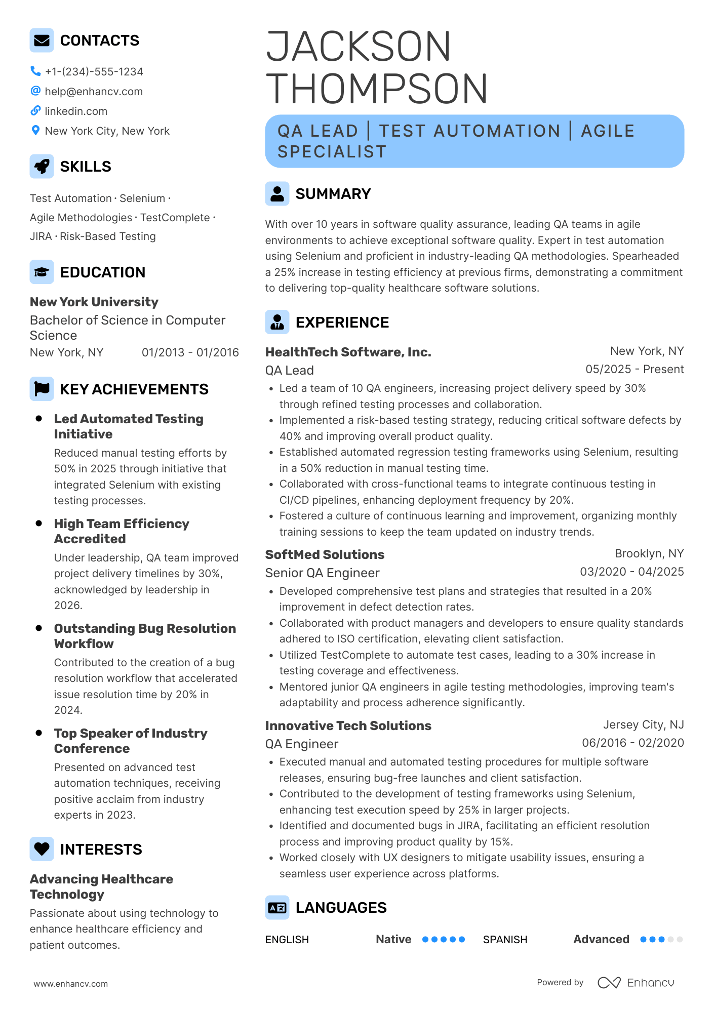 QA Lead resume example
