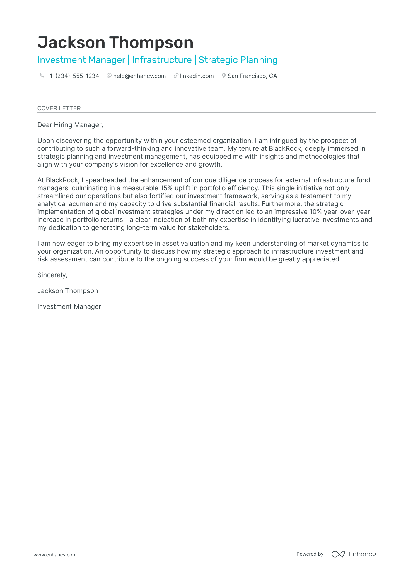 Investment Manager cover letter