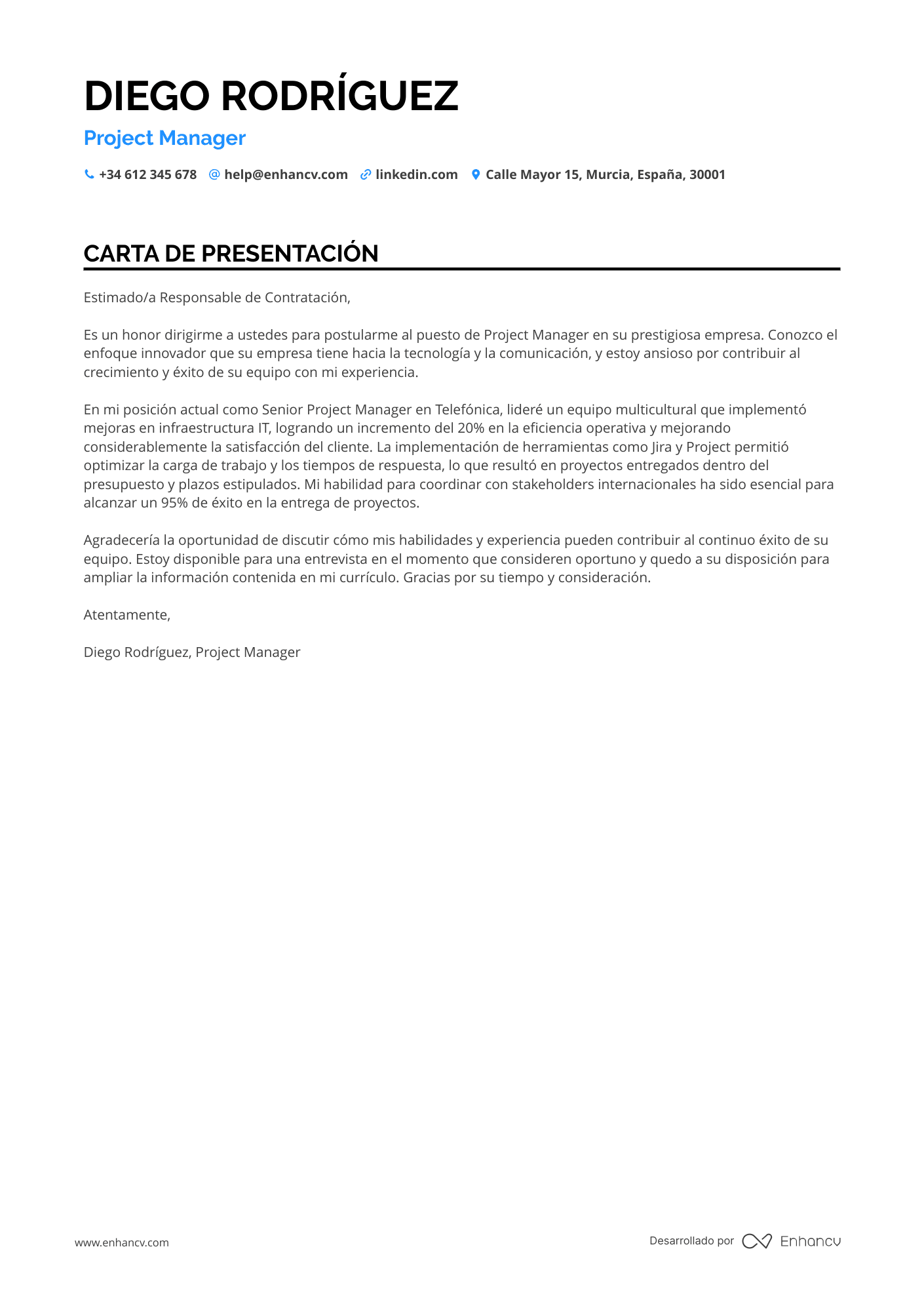 Project Manager Carta de presentación