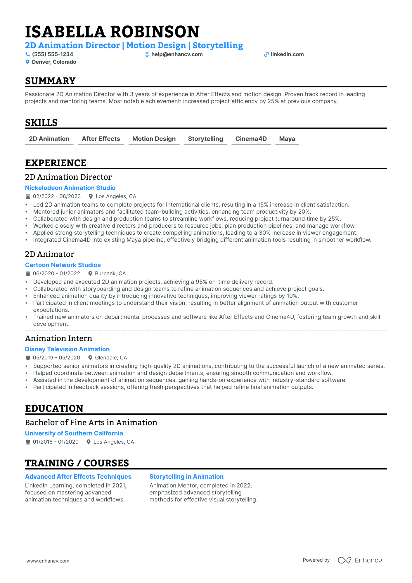 Character Animator resume example