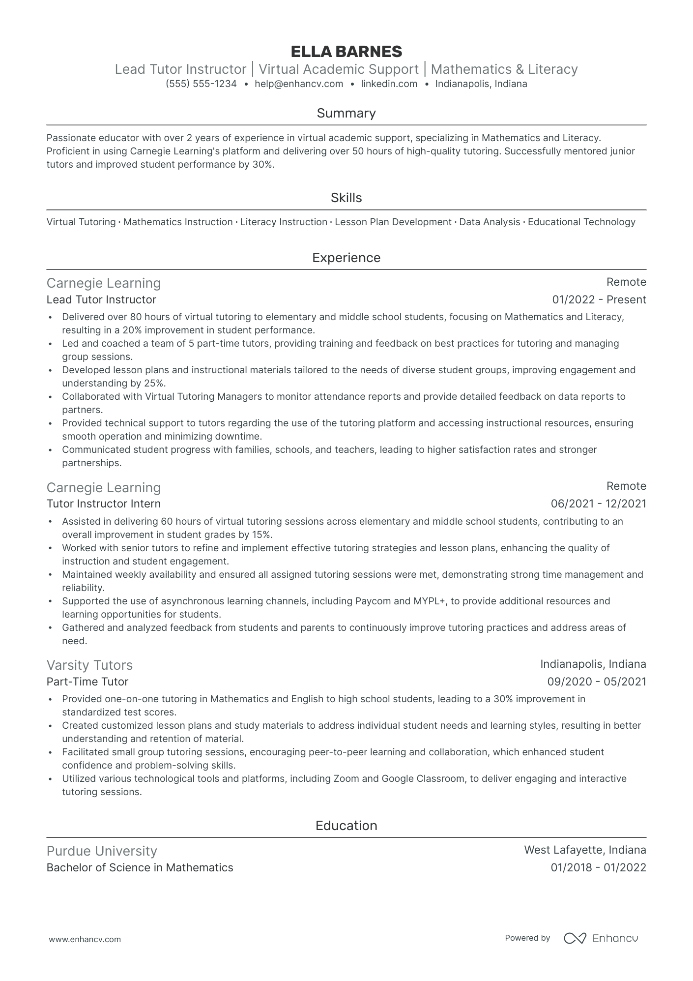 Online Tutor resume example