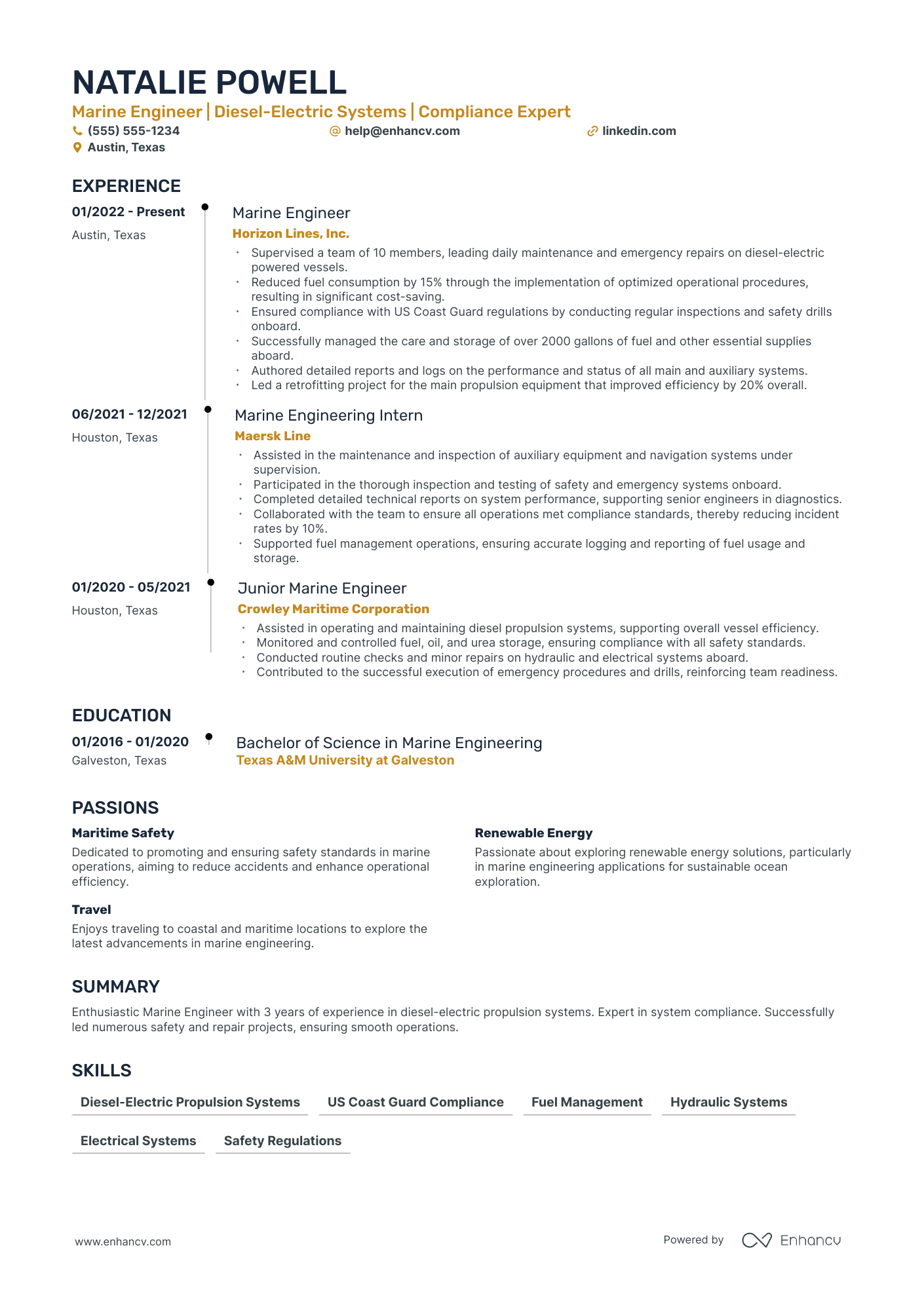 Chief Marine Engineer resume example