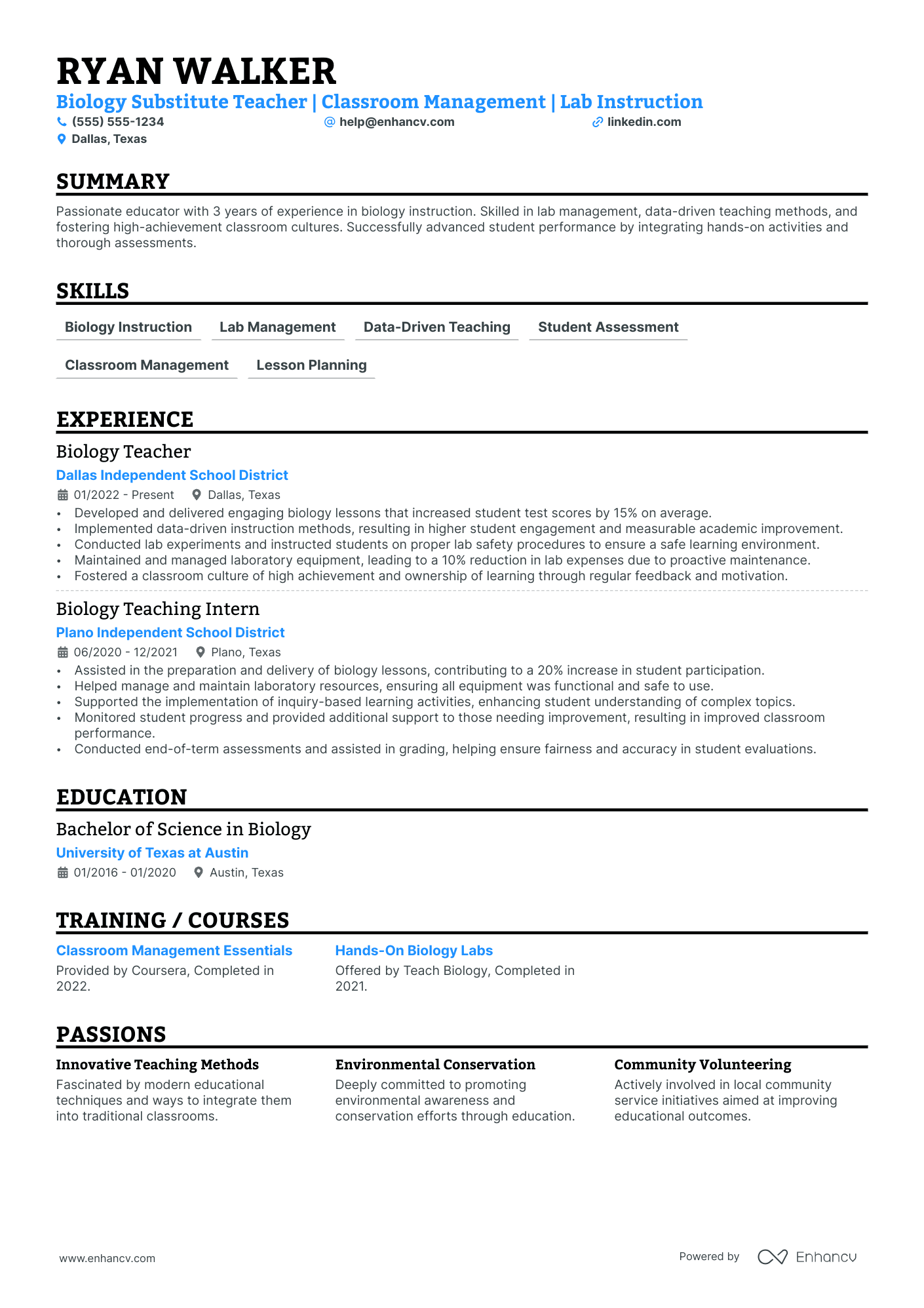 Substitute Biology Teacher resume example