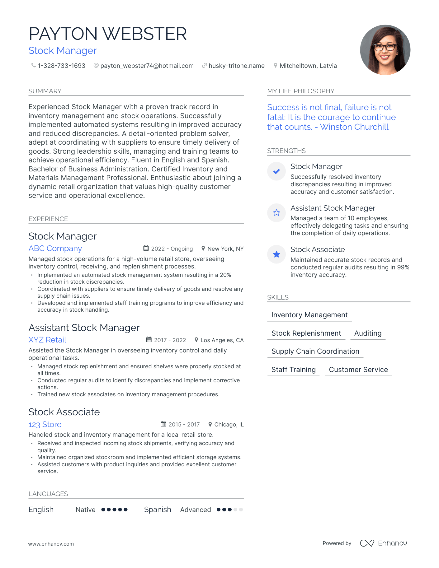 Stock Manager resume example
