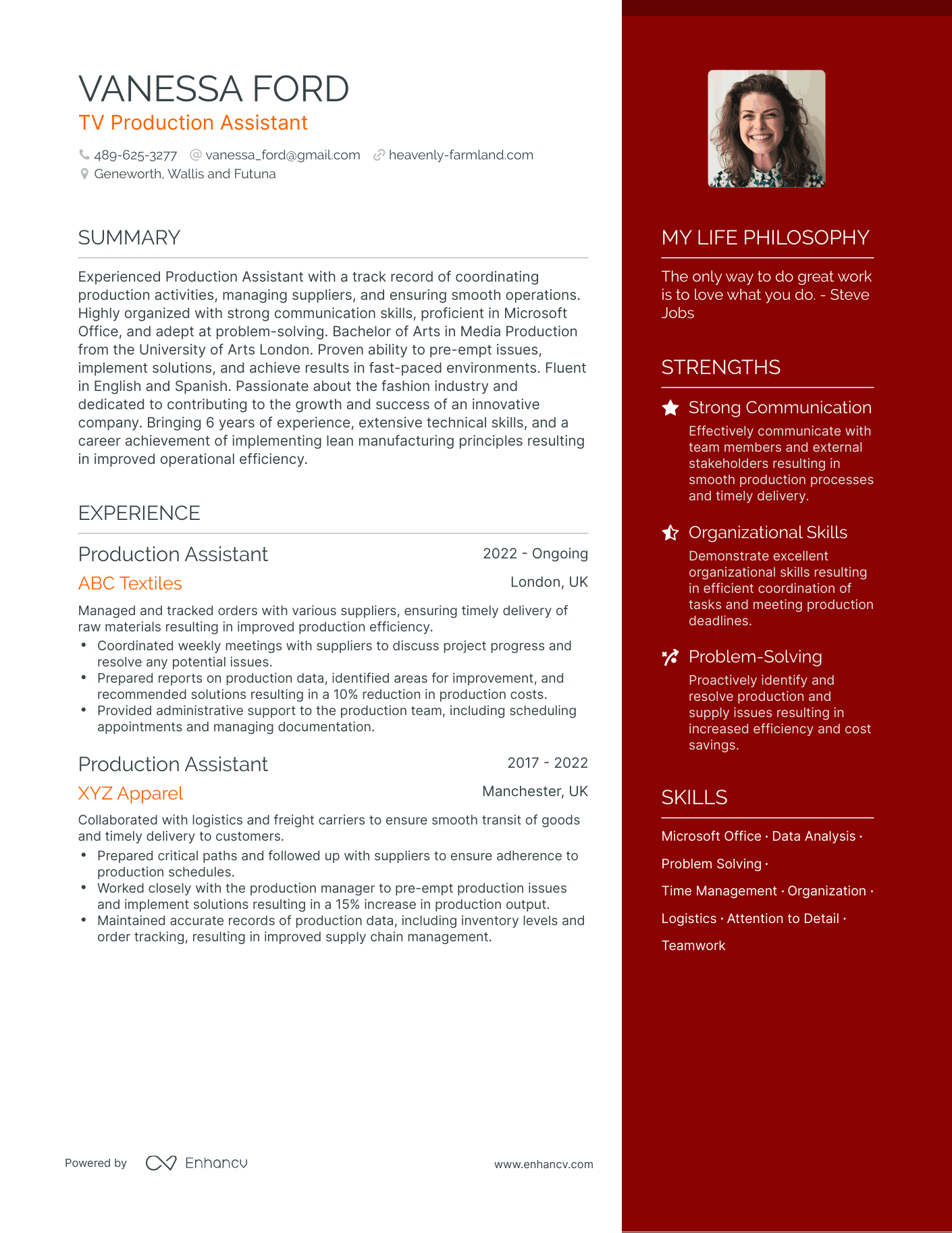 TV Production Assistant resume example