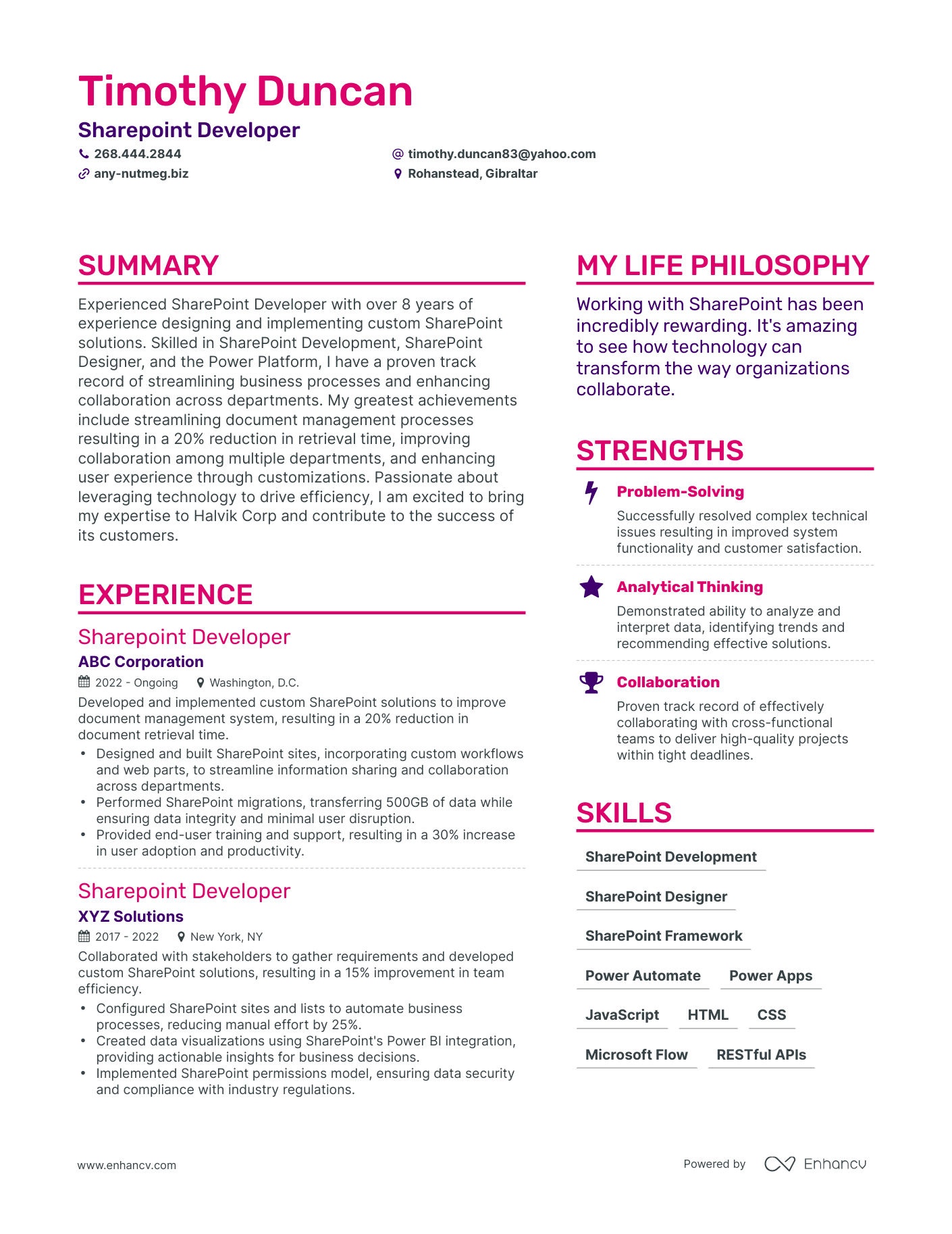 Sharepoint Developer resume example
