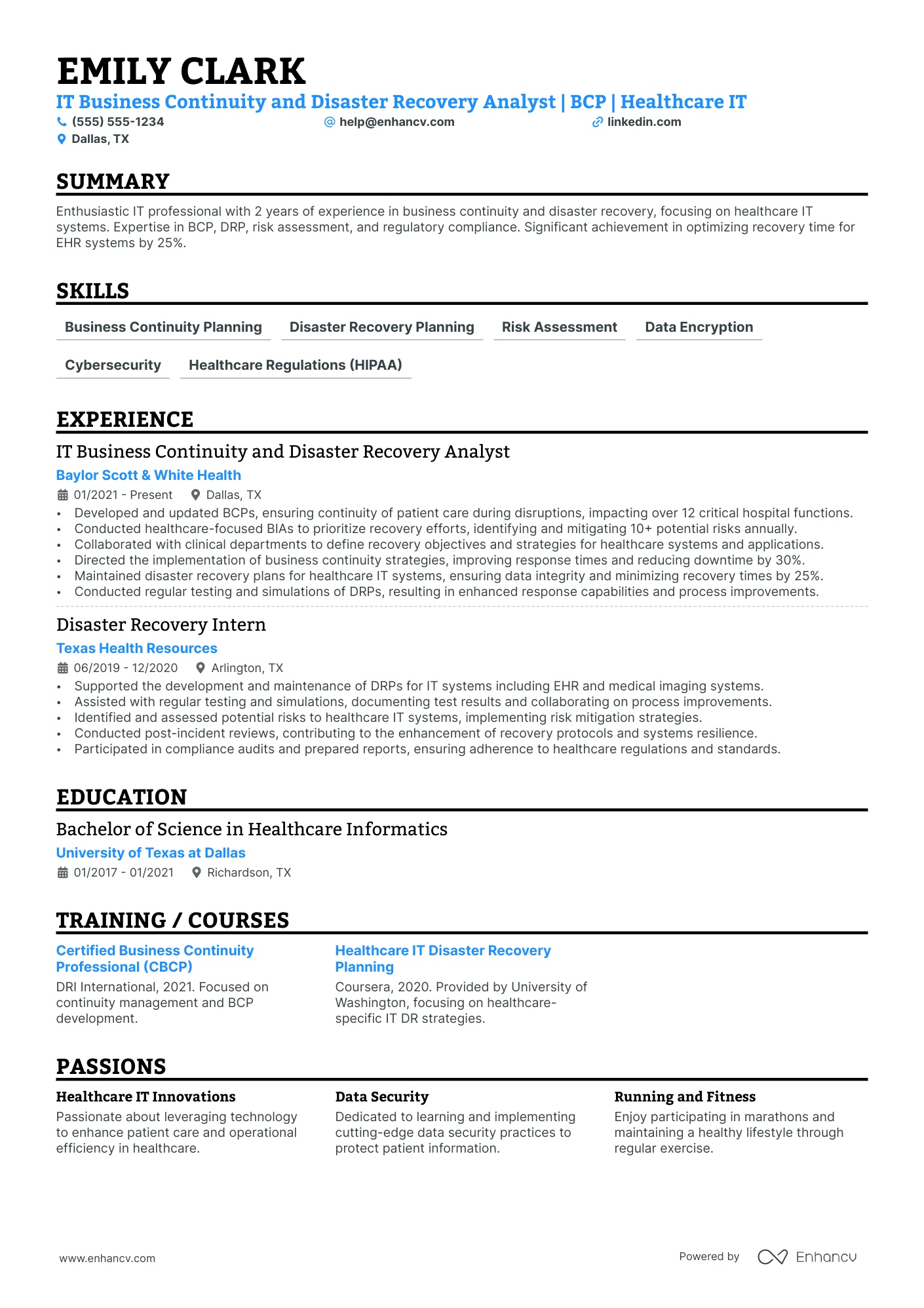 Business Continuity Analyst resume example