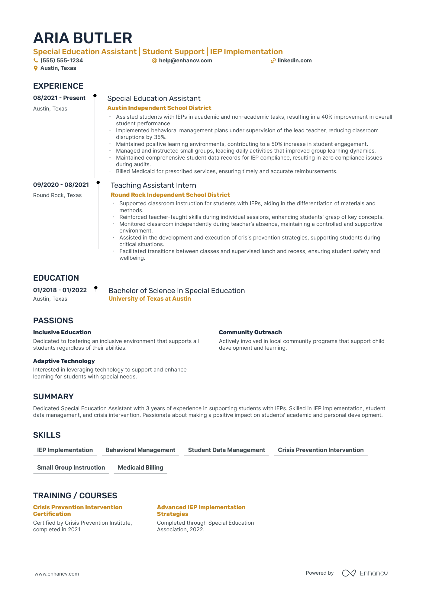 Special Education Instructional Aide resume example