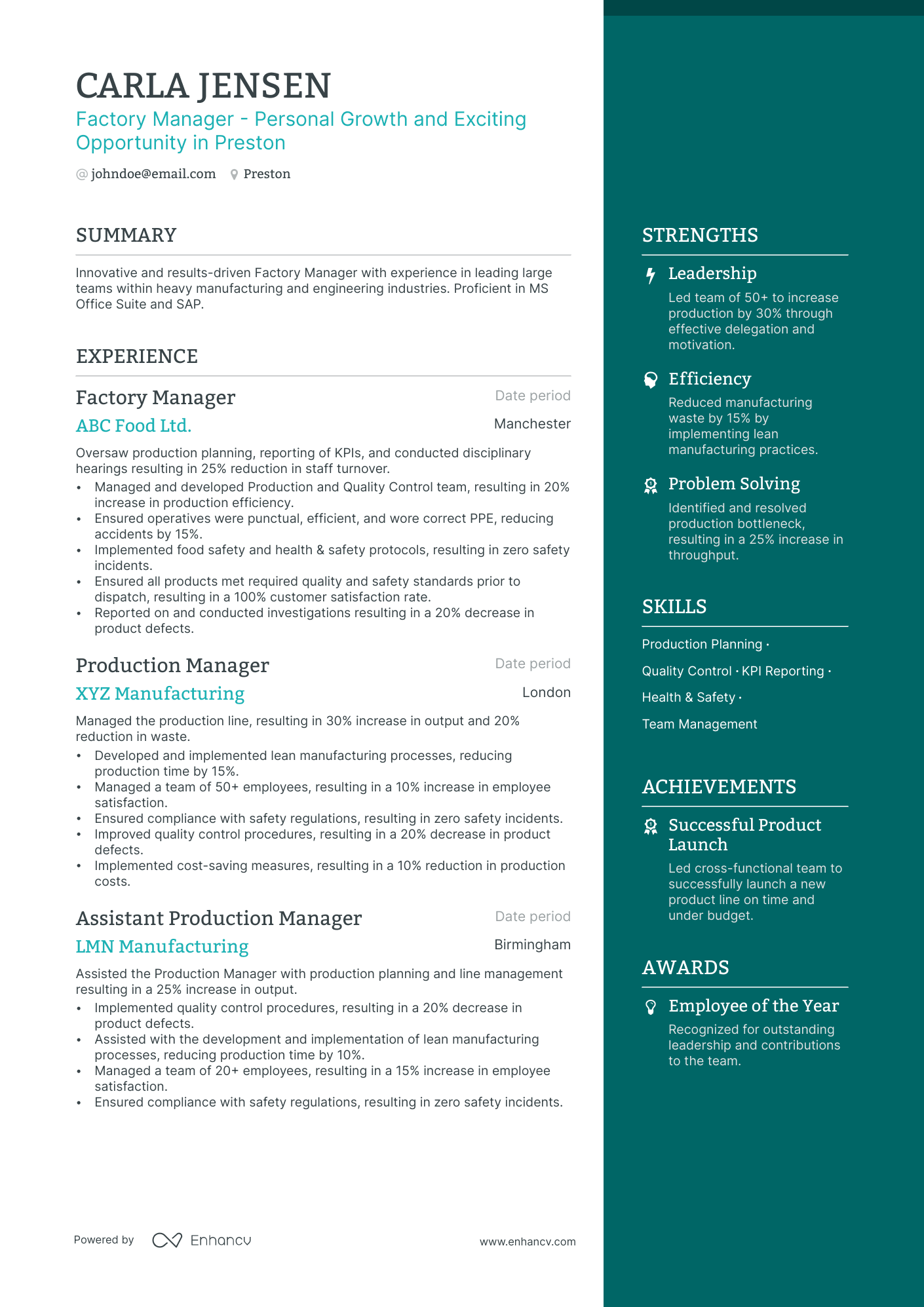 Factory Manager resume example