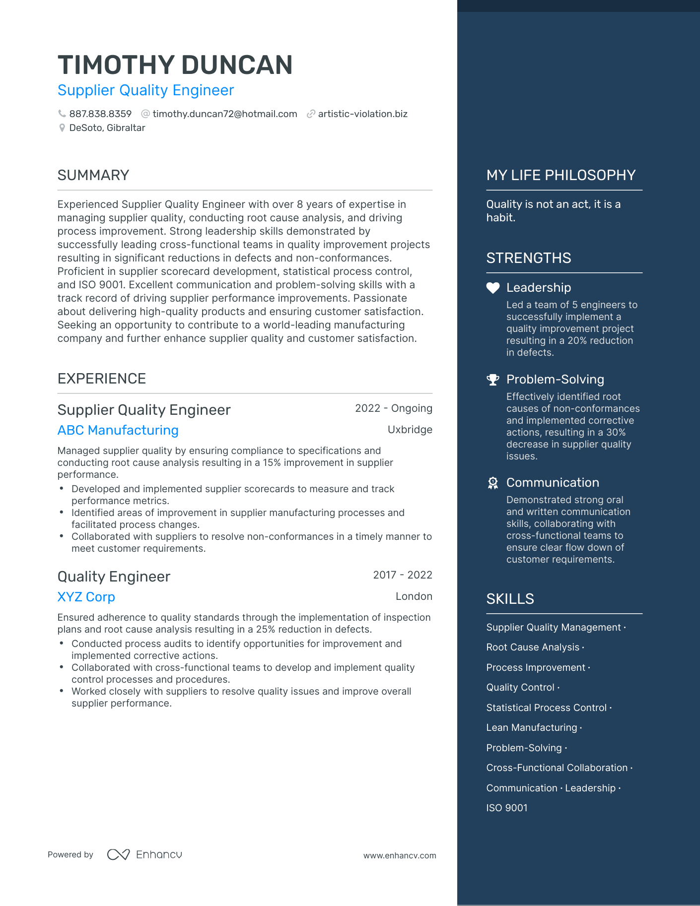 Modern Supplier Quality Engineer Resume Example
