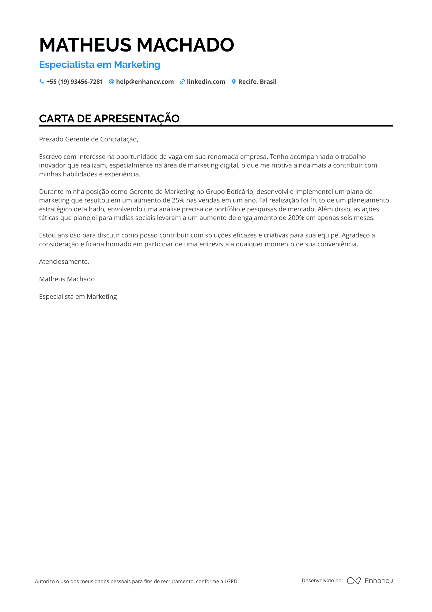 Gerente de Marketing Carta de apresentação