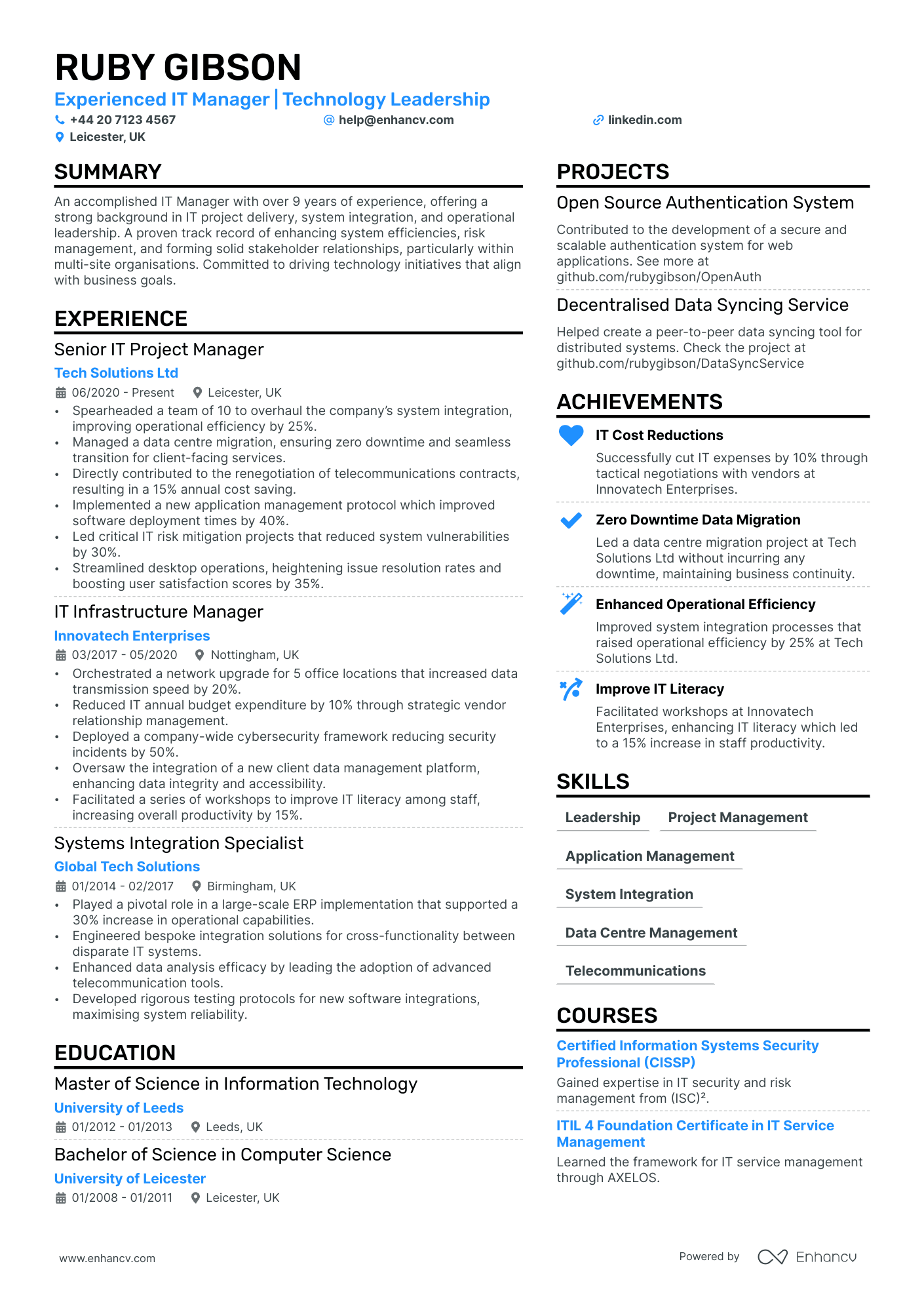 IT Manager cv example