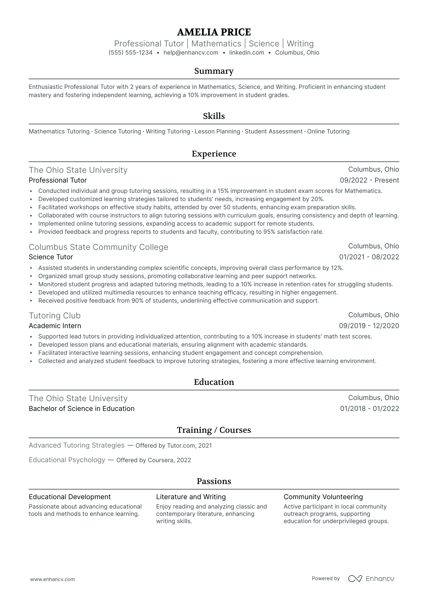 Professional Tutor resume example