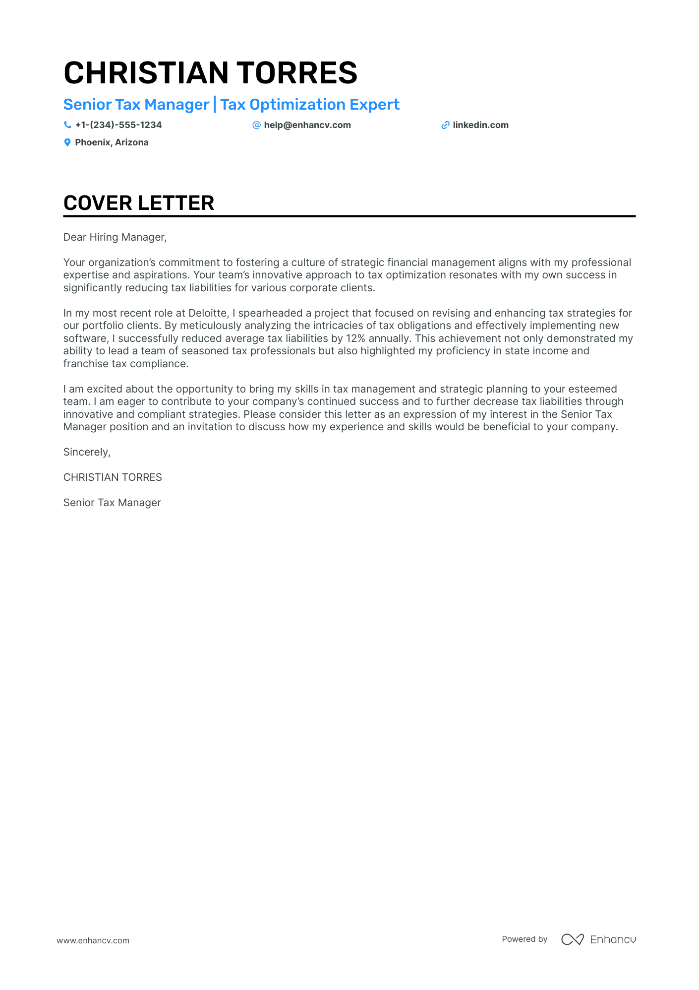 Tax Manager cover letter