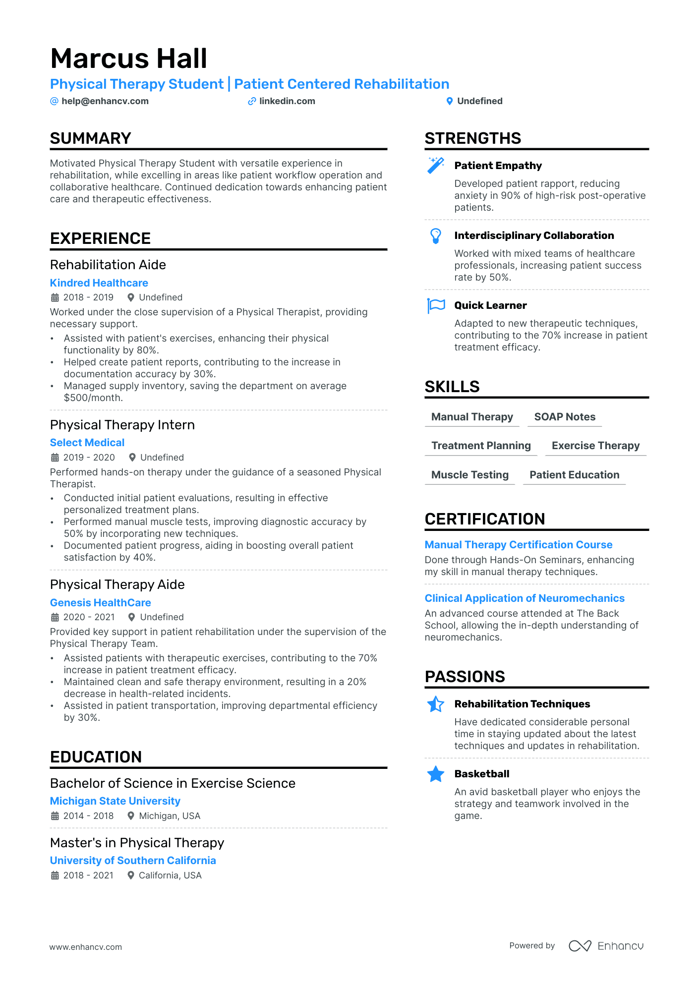 Physical Therapy Student resume example