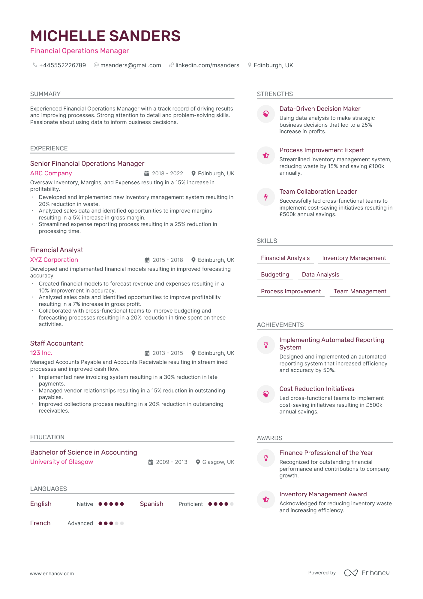 Financial Operations Manager CV example