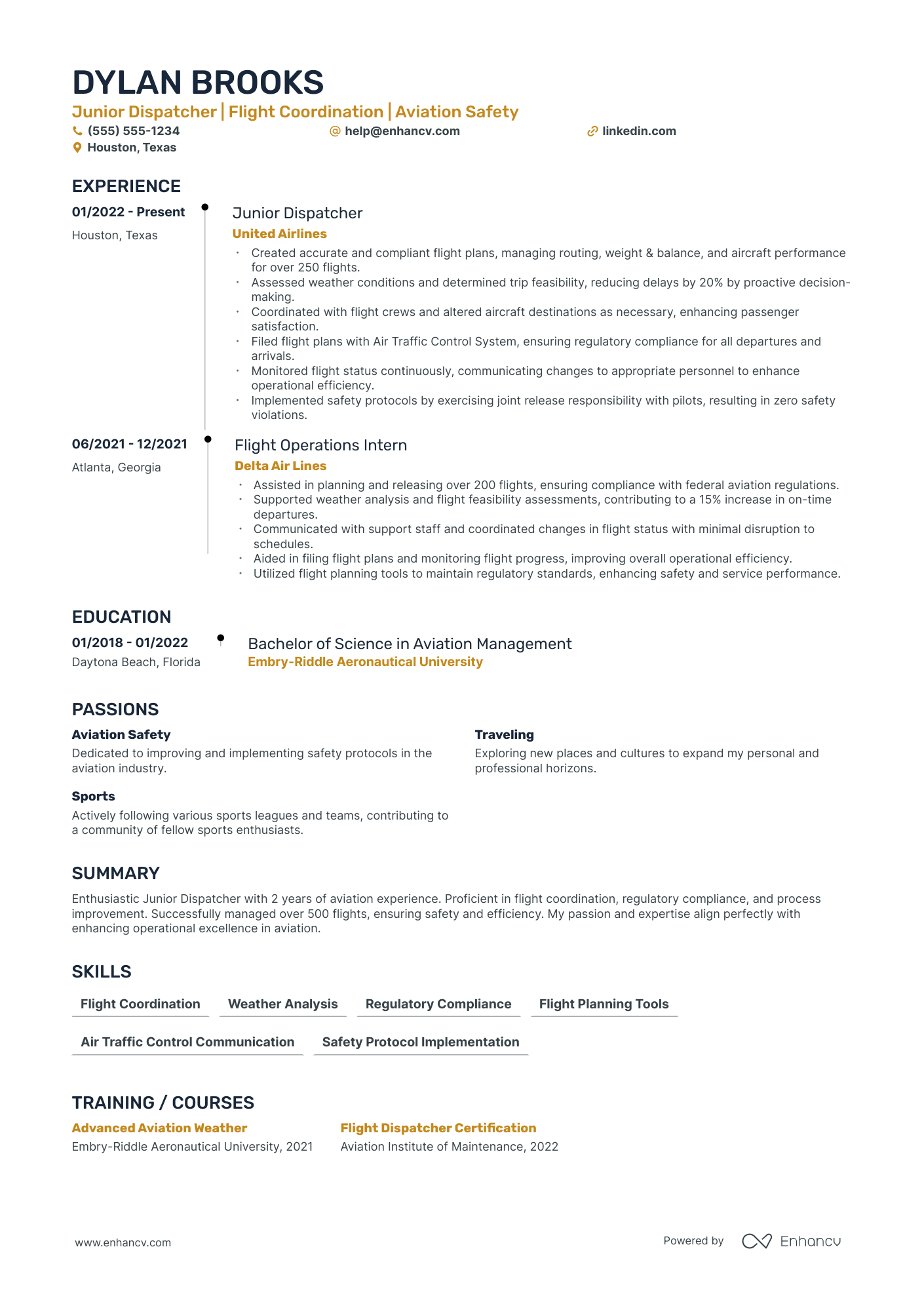 Private Charter Flight Attendant resume example