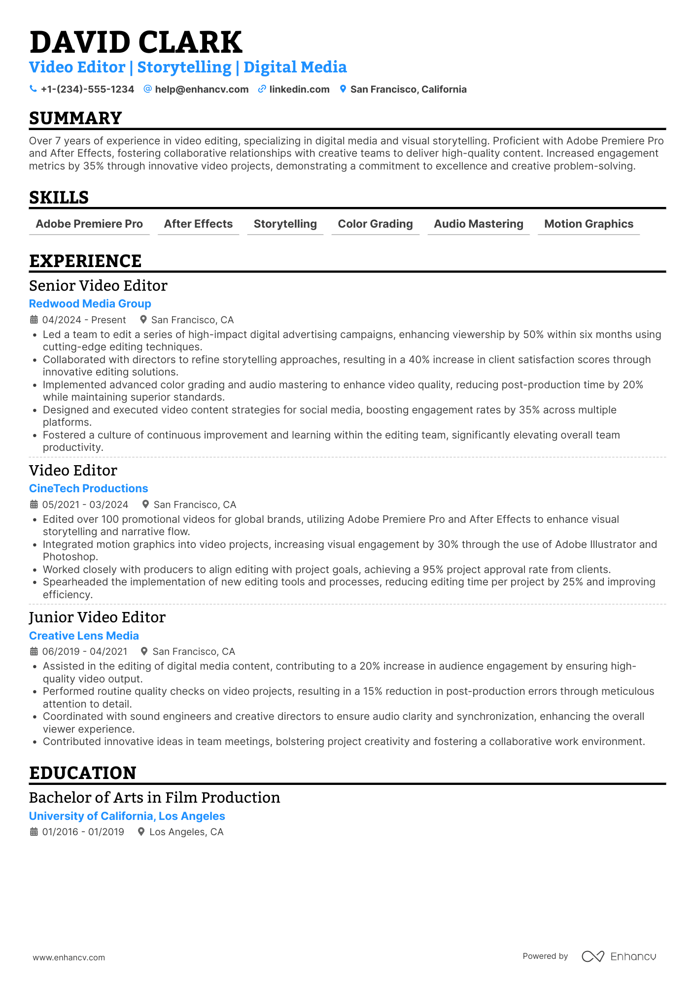 Video Editor resume example