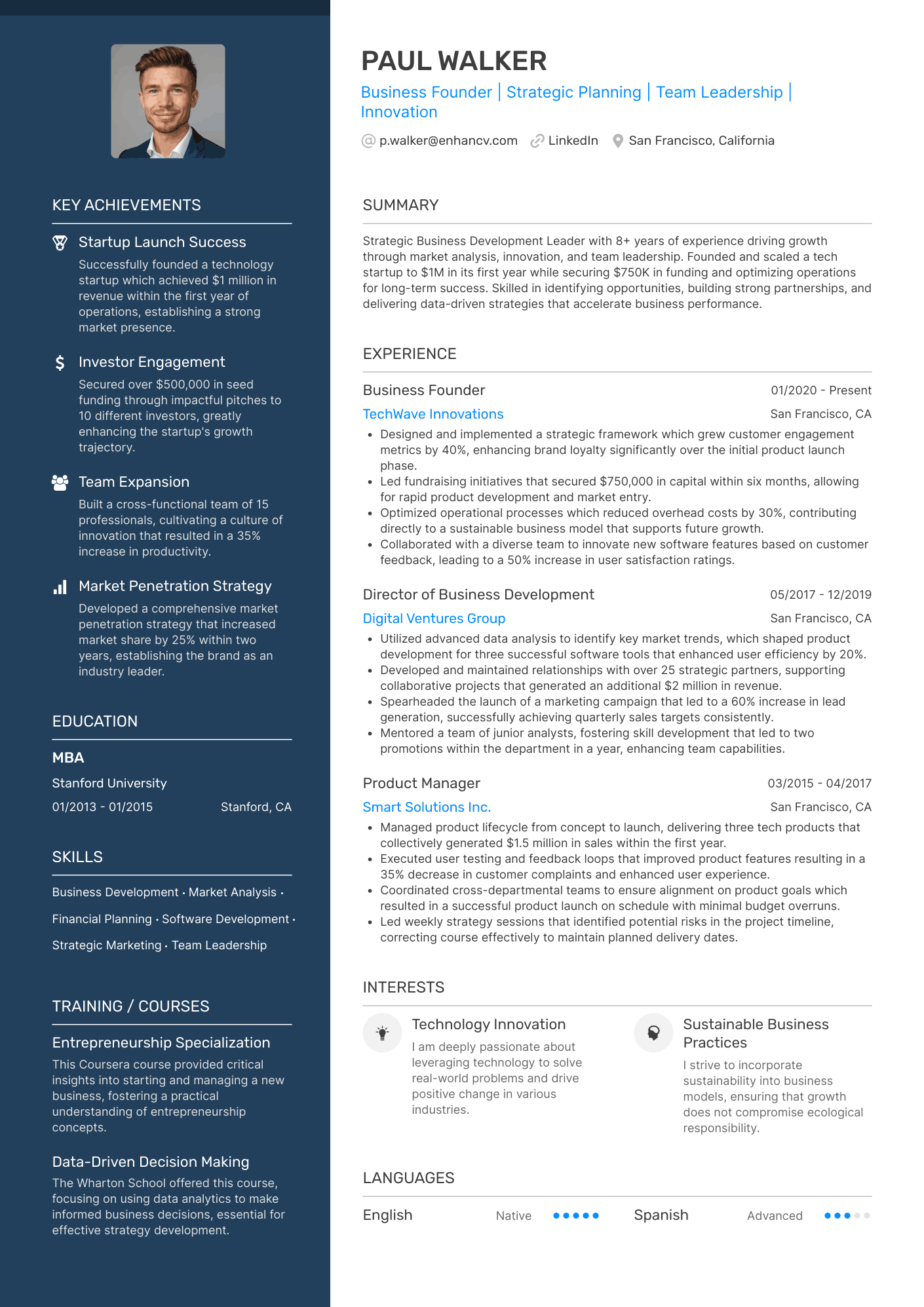 A polished template with a focus on key achievements and skills. Red/rust colored left column for highlights.