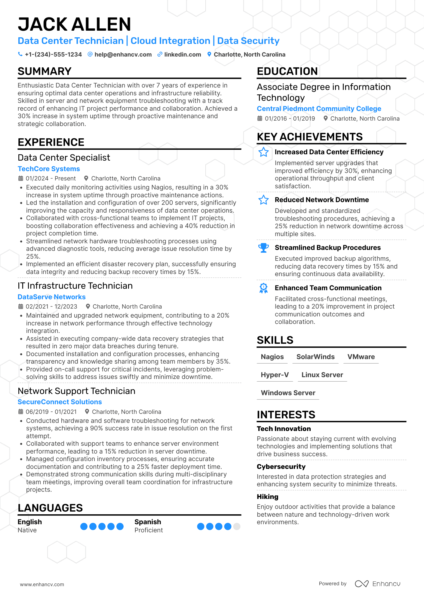 Data Center Technician resume example