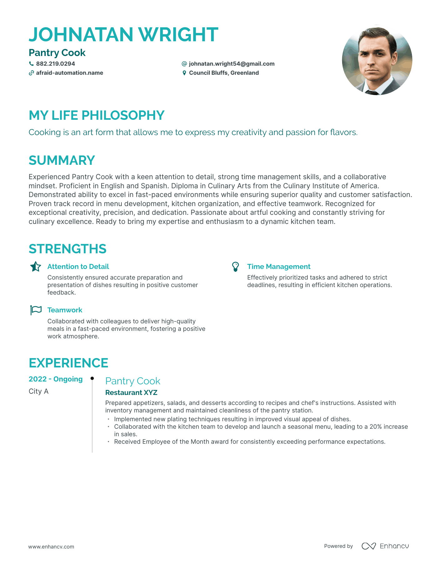 Creative Pantry Cook Resume Example