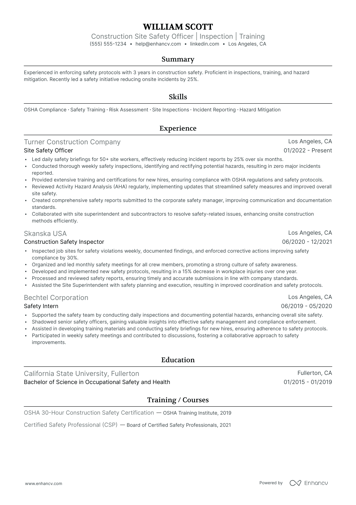 Construction Safety Officer resume example