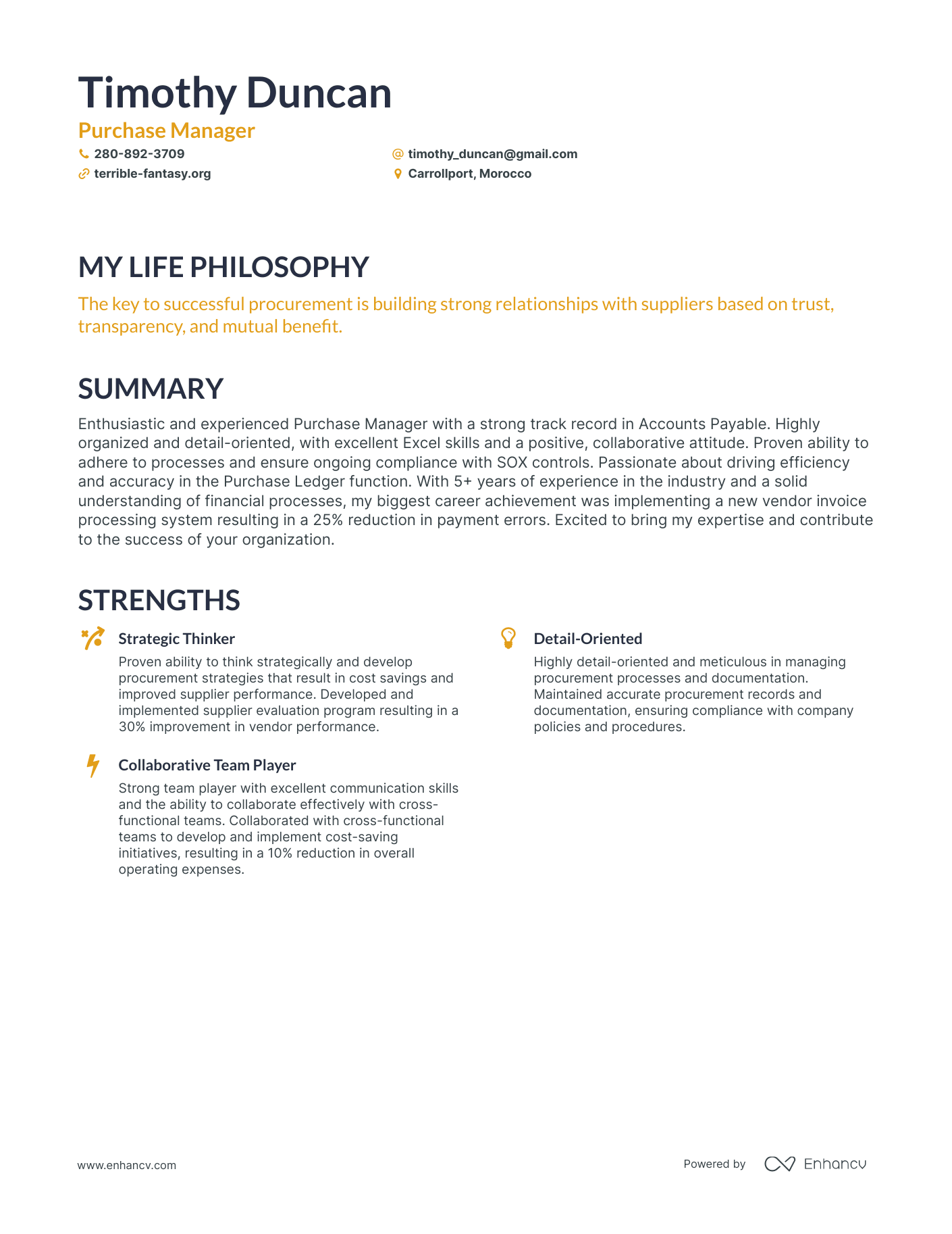 Creative Purchase Manager Resume Example