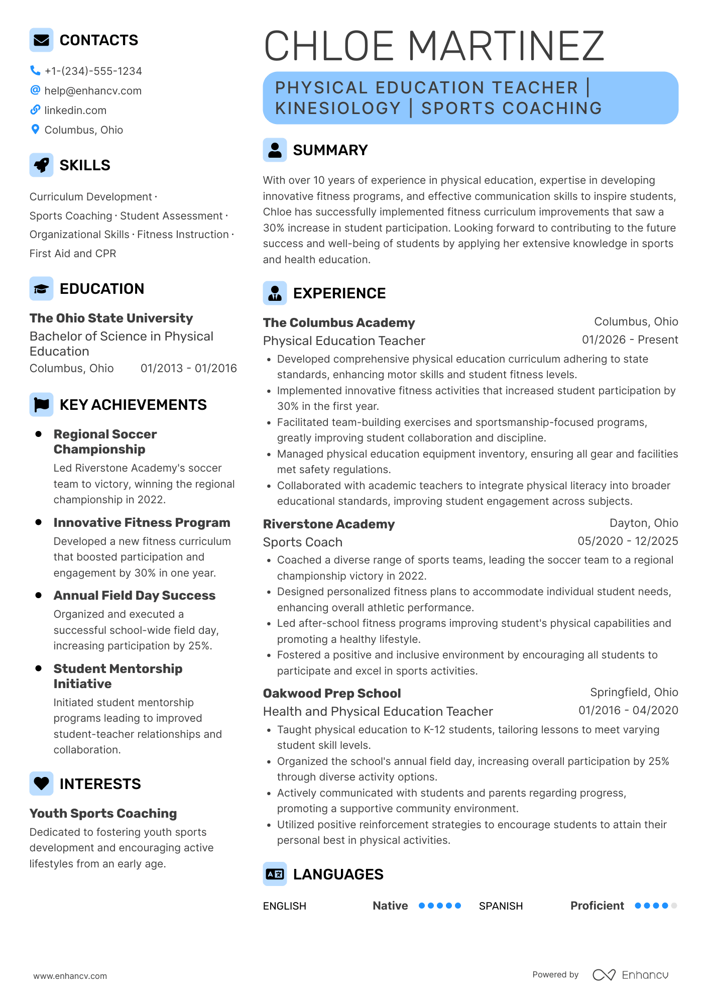 Physical Education Teacher resume example