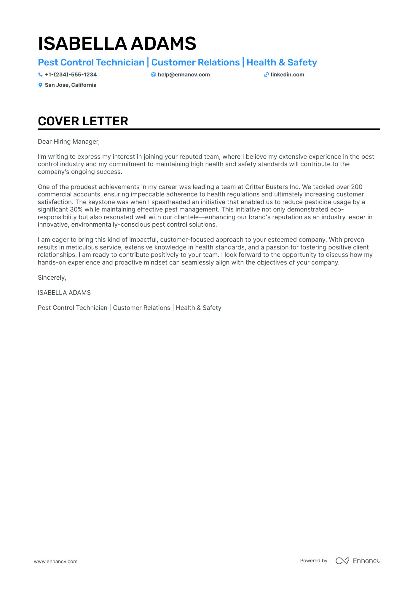 Pest Control cover letter