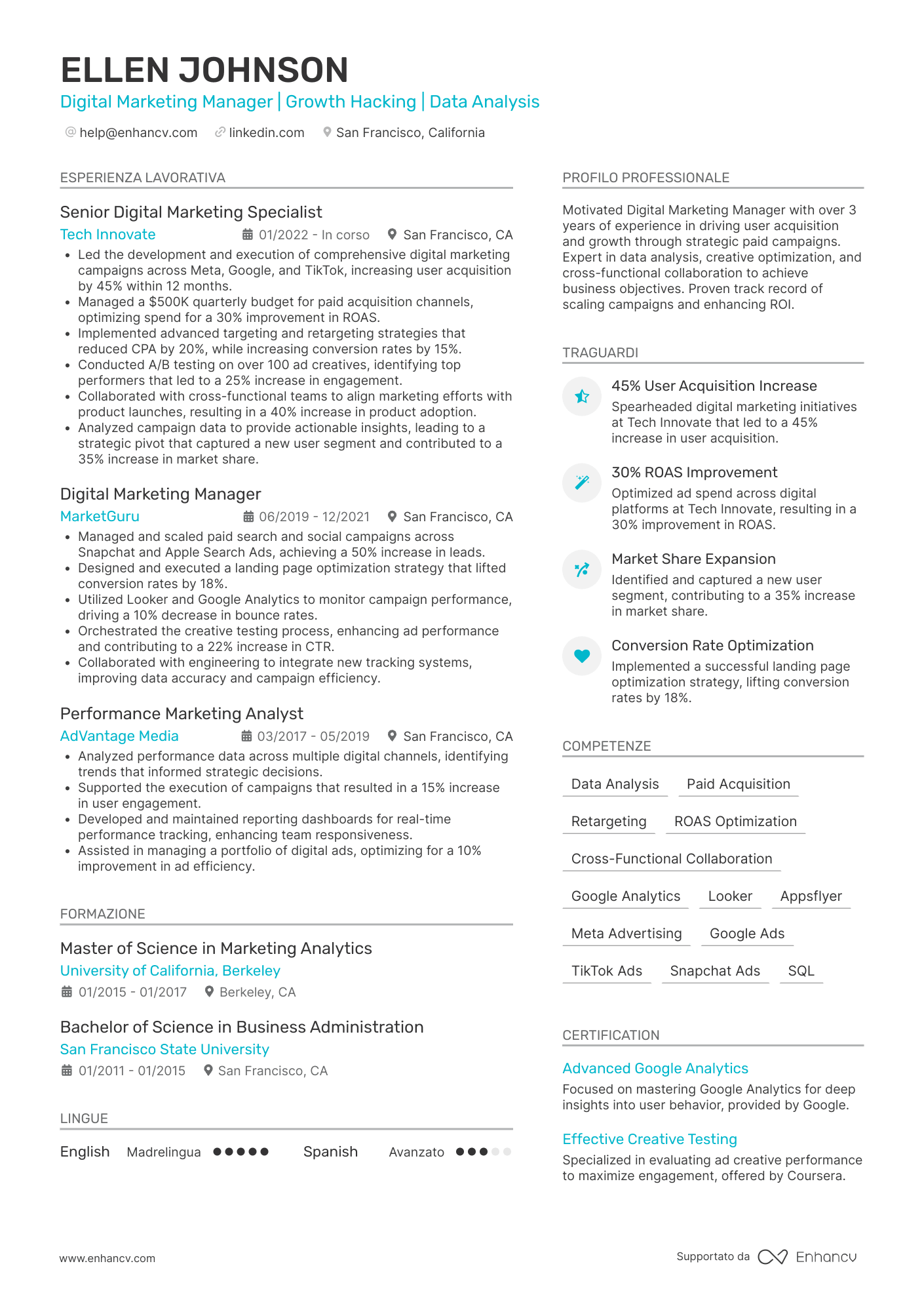 A resume with two columns and a photo in the resume header and aqua accent color. A long summary and an experience section in focus.