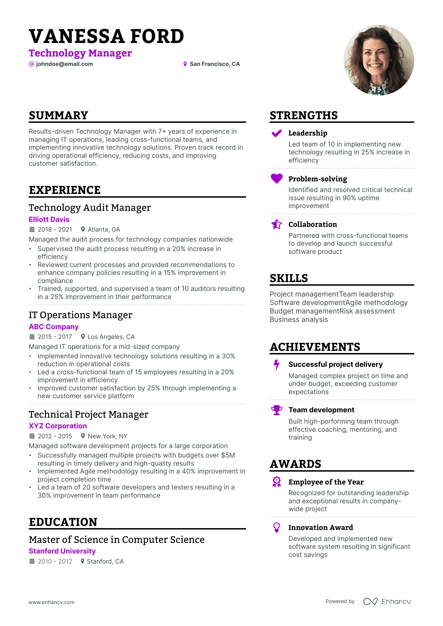 Technology Manager resume example